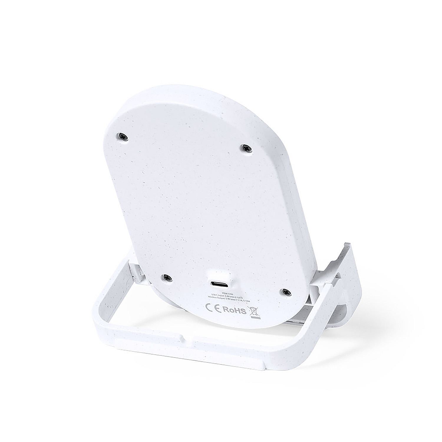 Base di ricarica bianca con supporto e porta USB-C.