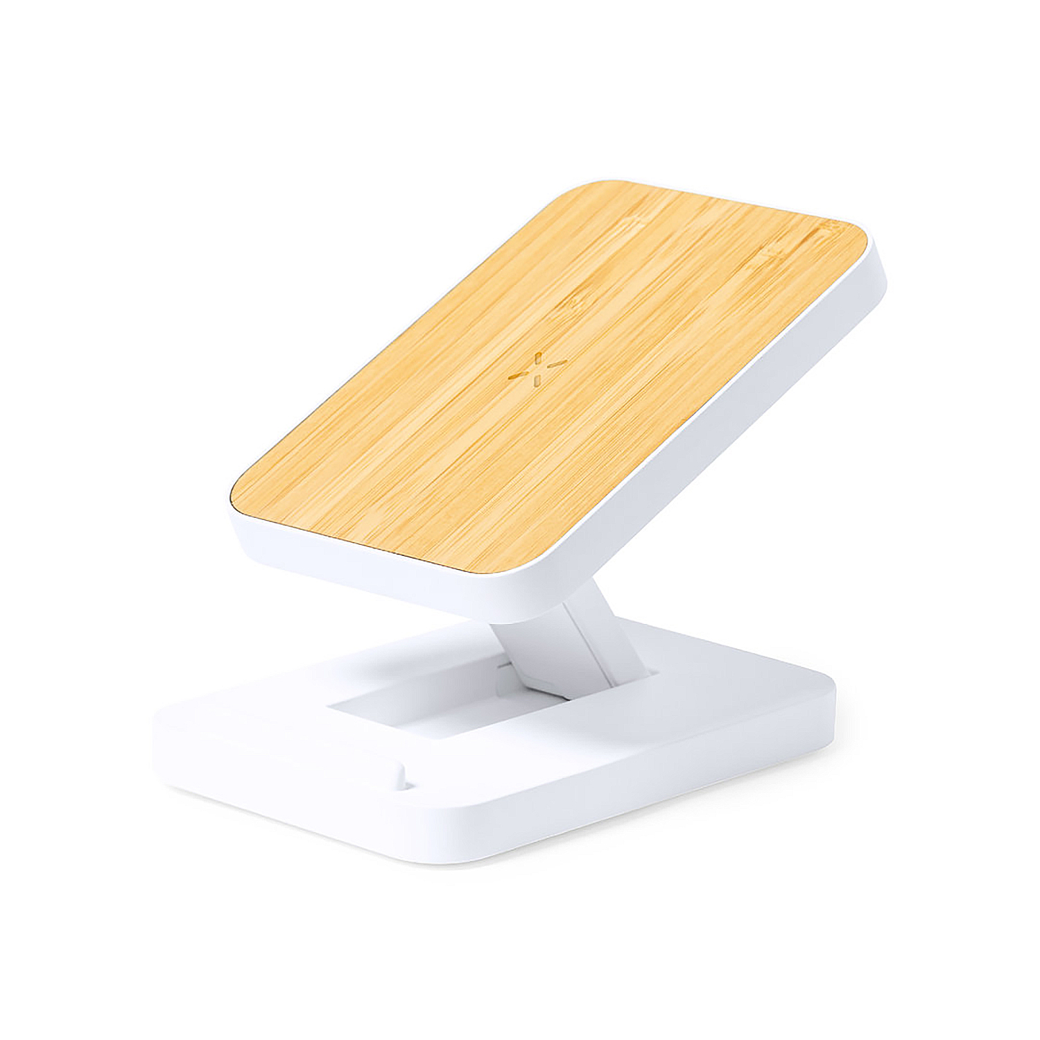 Un supporto di ricarica bianco con superficie in legno.