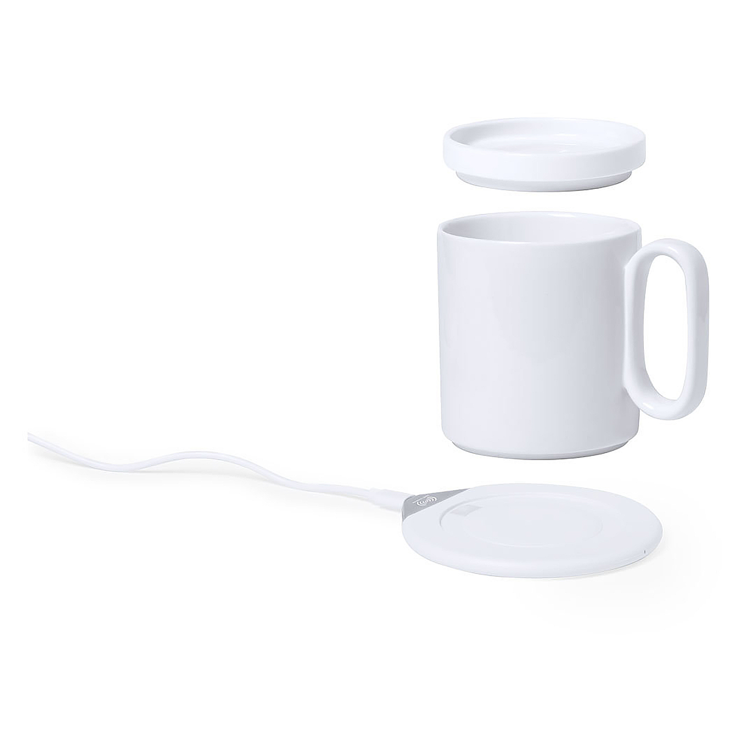 Tazza bianca con manico, coperchio e sottobicchiere riscaldato bianco con cavo.