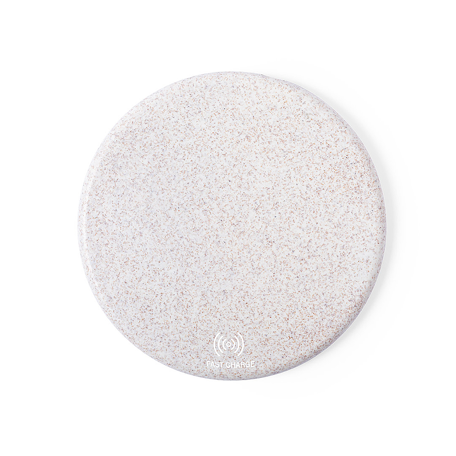 Un pad di ricarica rotondo bianco con macchie marroni e logo "Fast Charge".