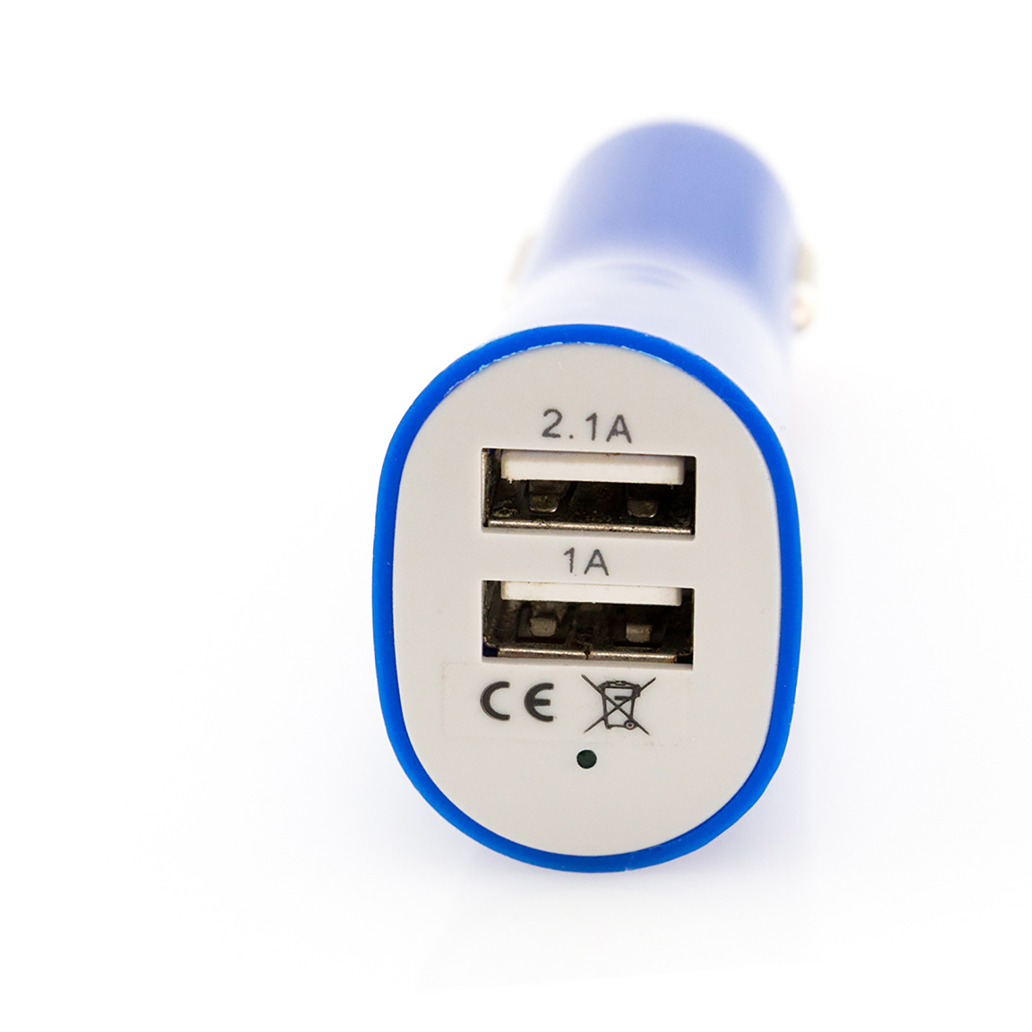 Caricabatterie auto blu con due porte USB: 2.1A e 1A.