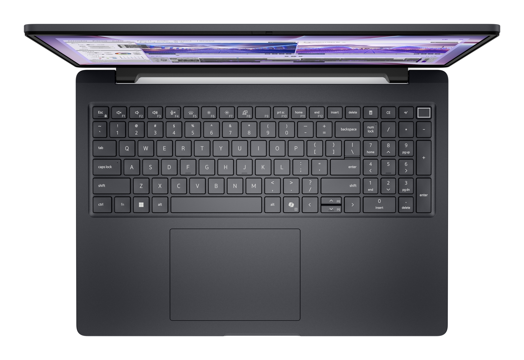 Laptop grigio scuro con schermo, tastiera e touchpad aperti.