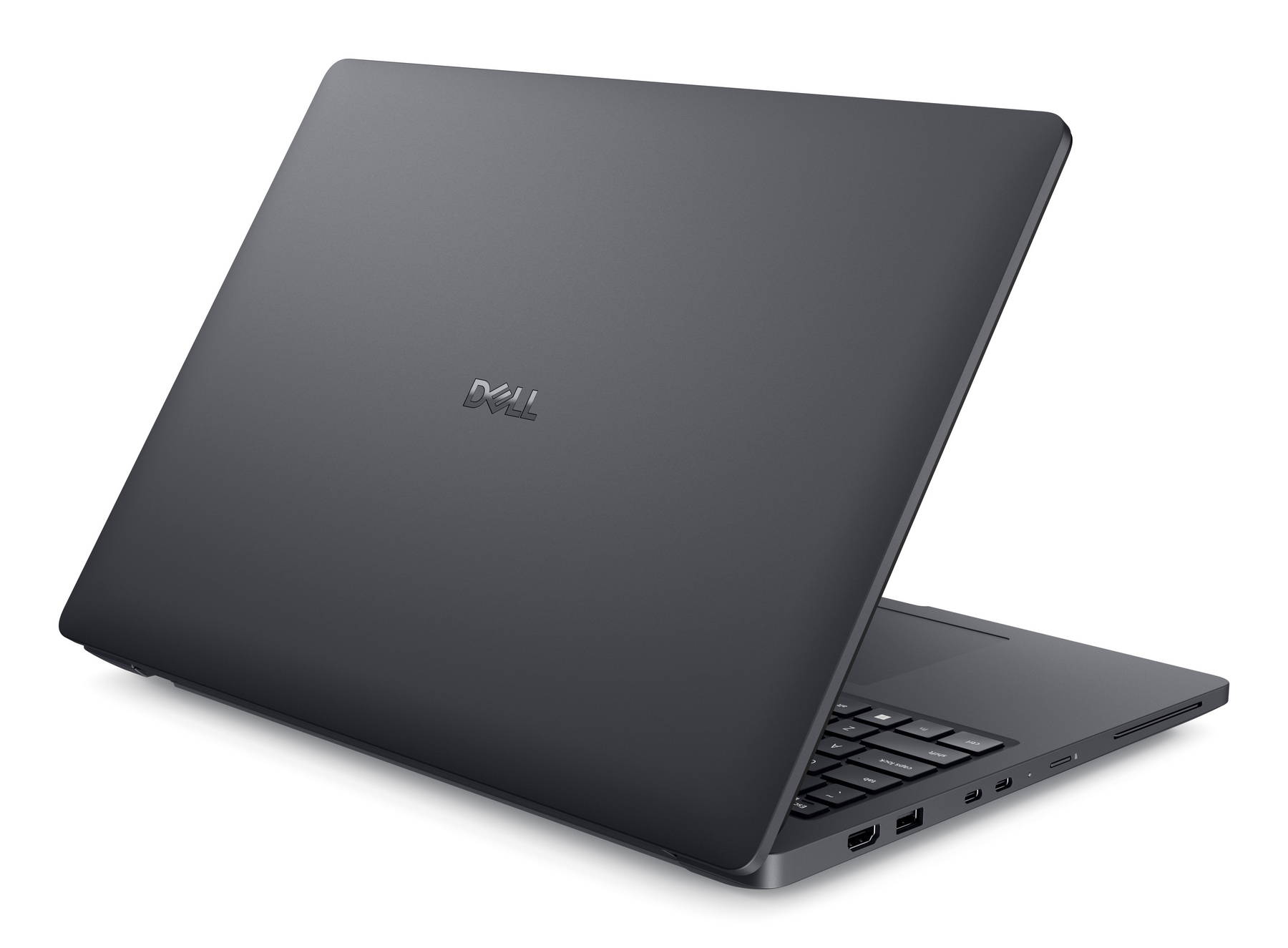 Un laptop Dell scuro è aperto. La tastiera e le porte sono visibili.