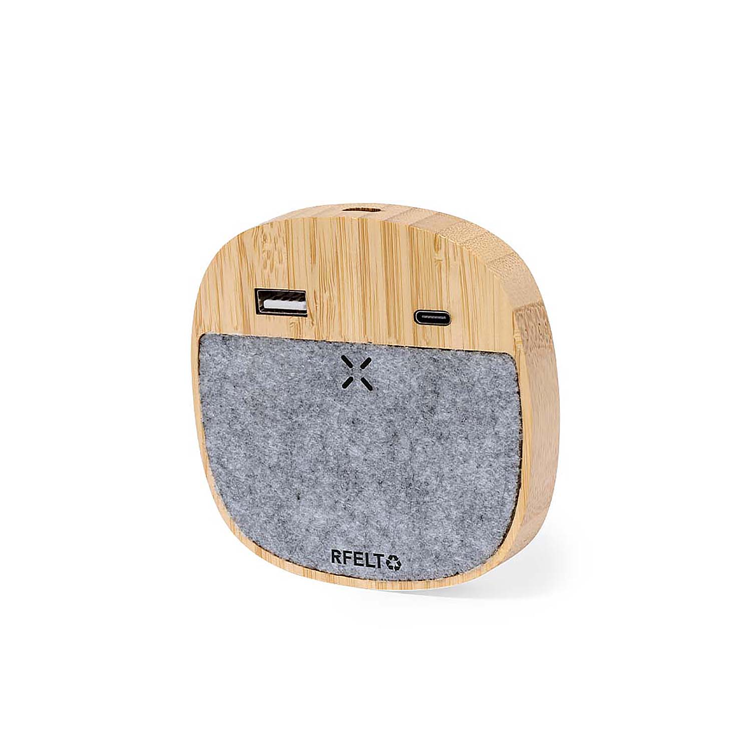Un caricatore rotondo, color legno, con parte anteriore in feltro grigio e porte USB.