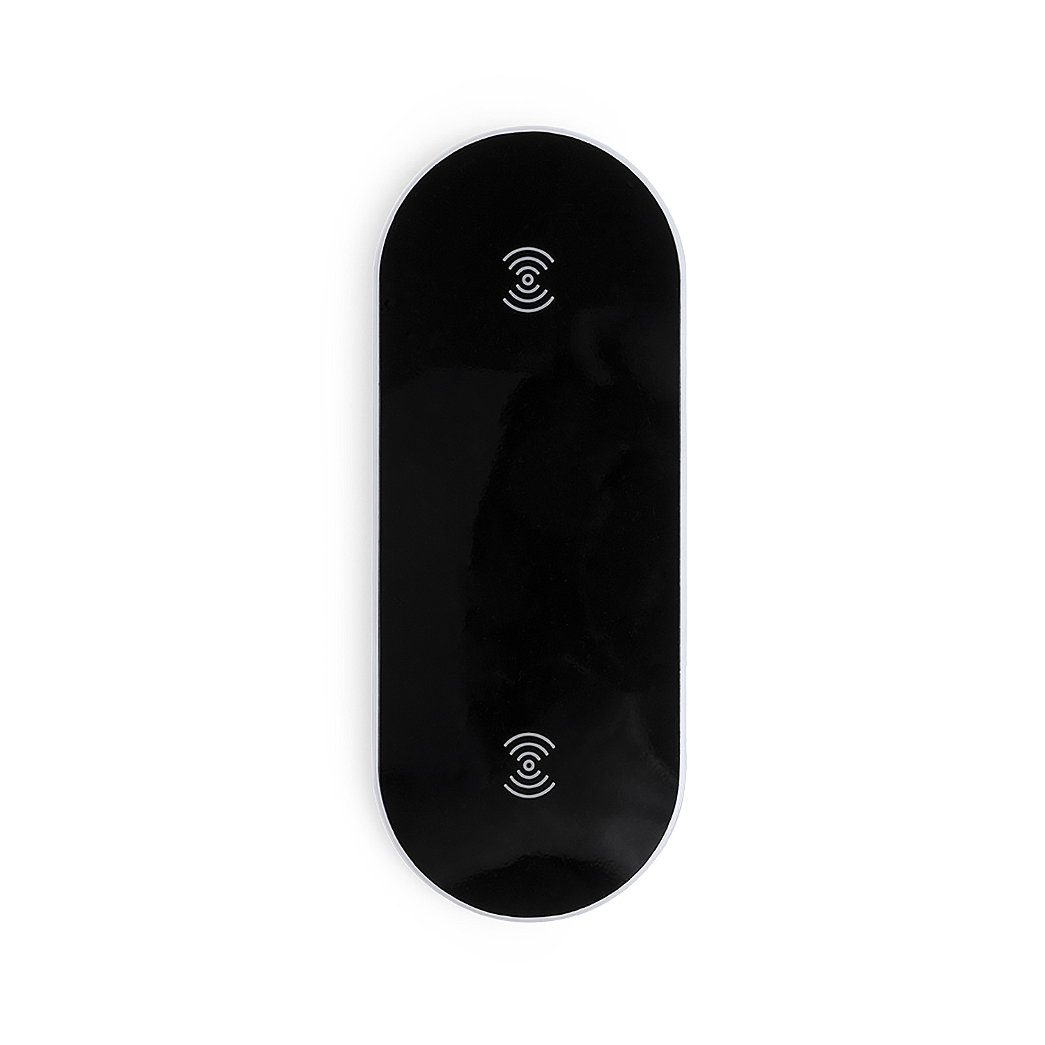 Caricatore wireless ovale nero con due simboli di ricarica.