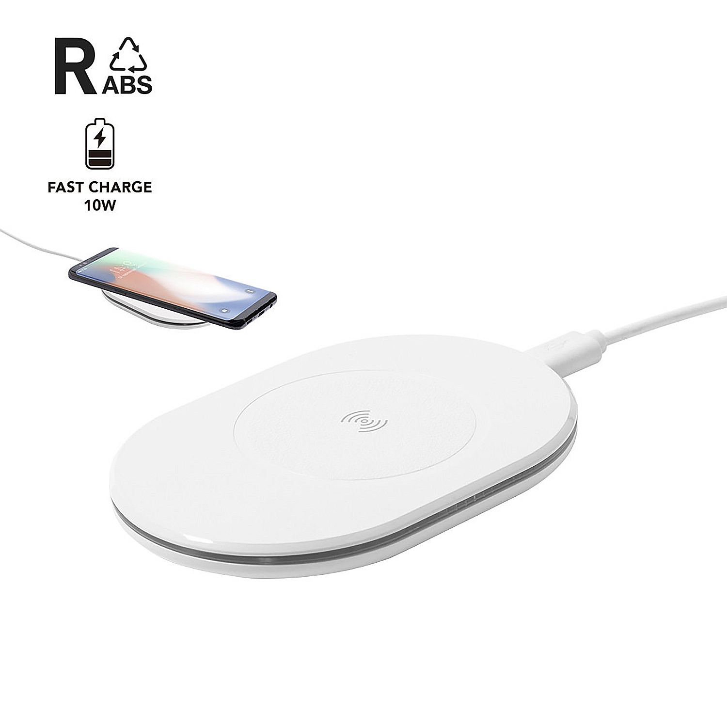 Un cargador inalámbrico blanco con un smartphone cargándose.