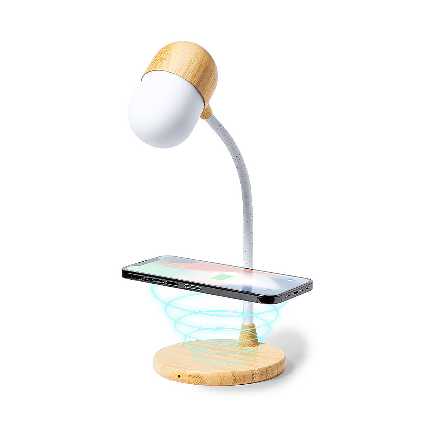 Un supporto per lampada da comodino con base di ricarica wireless per smartphone.
