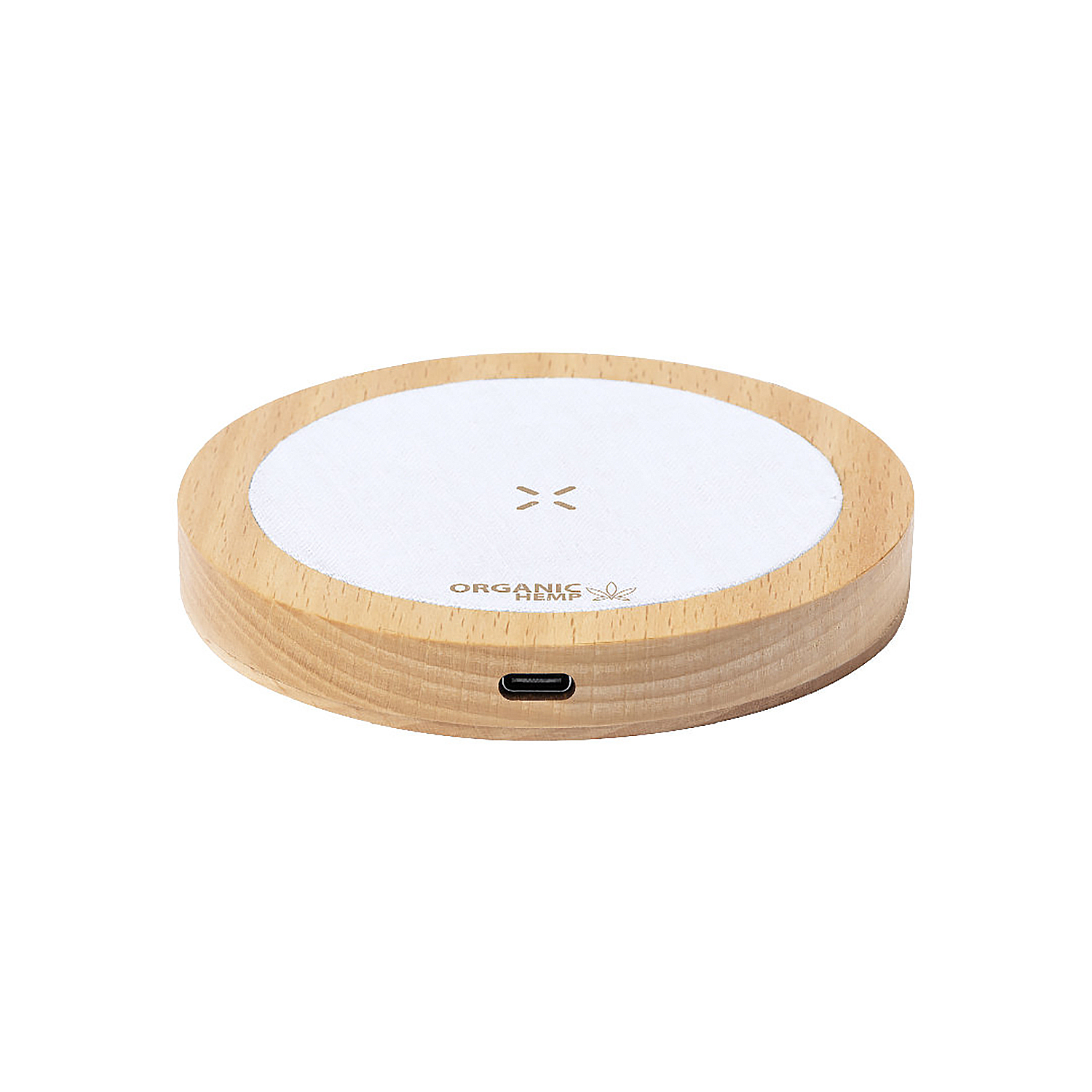Cargador redondo de madera con superficie blanca y puerto USB-C.