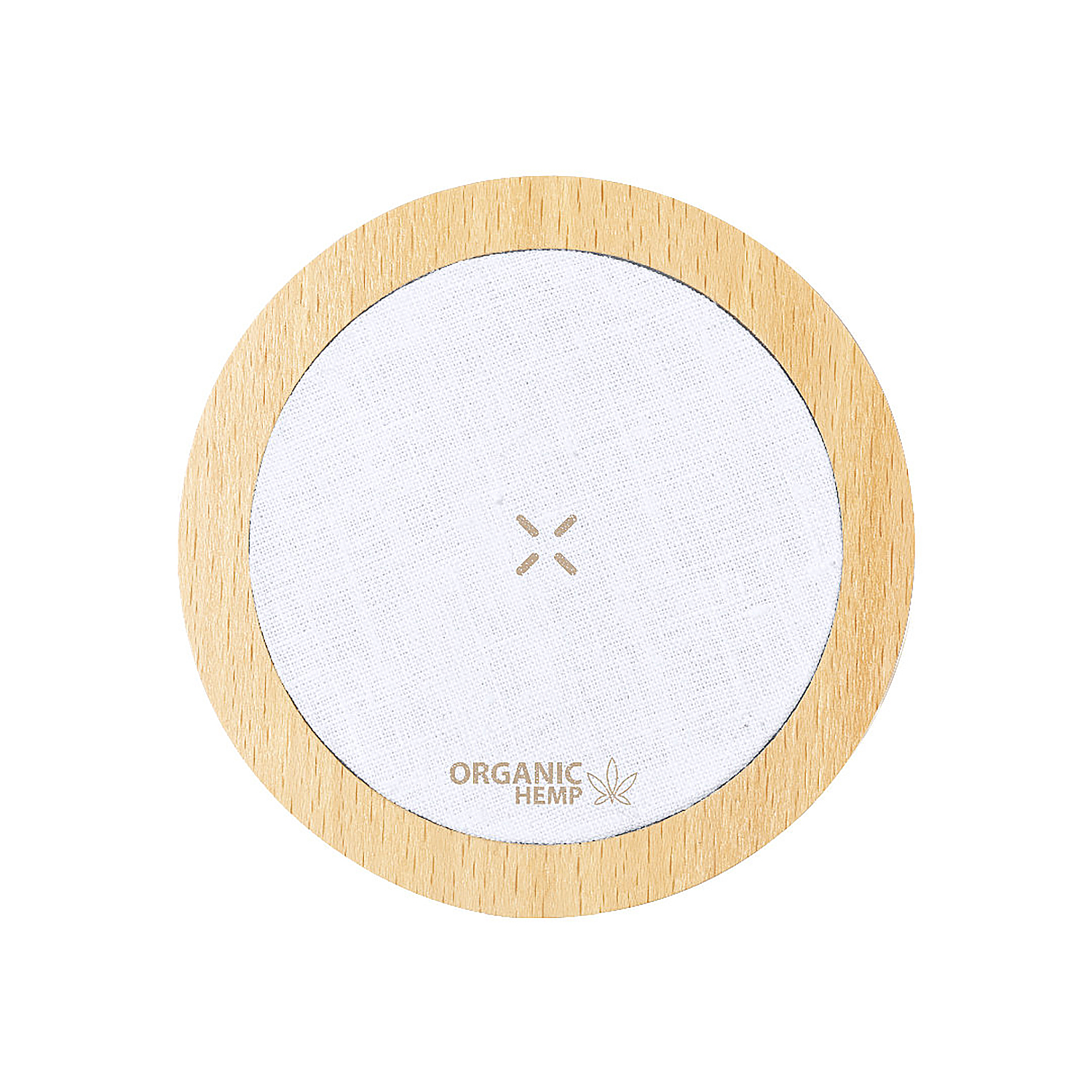 Posavasos redondo de madera con centro de tela blanca y logo.