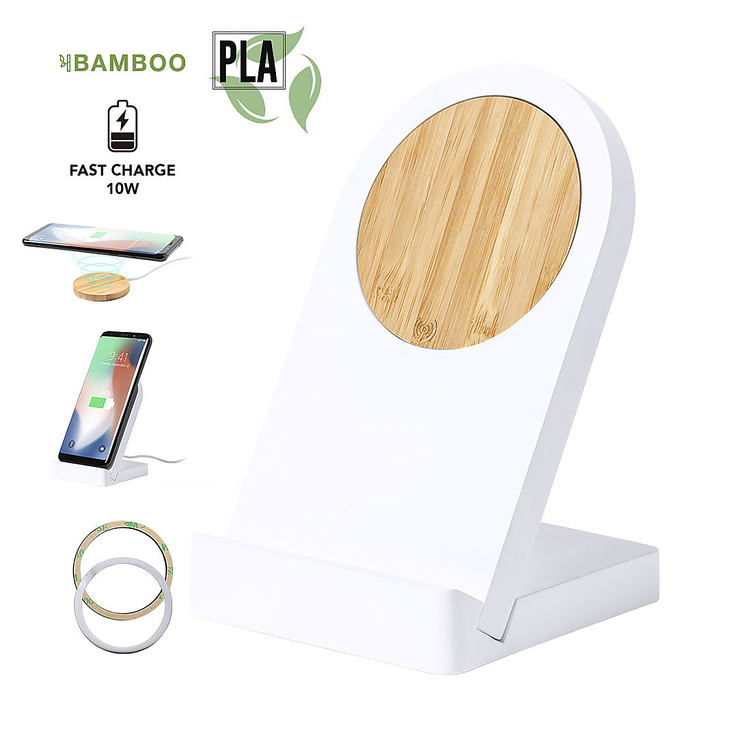 Soporte cargador inalámbrico blanco con círculo de bambú. Incluye carga.