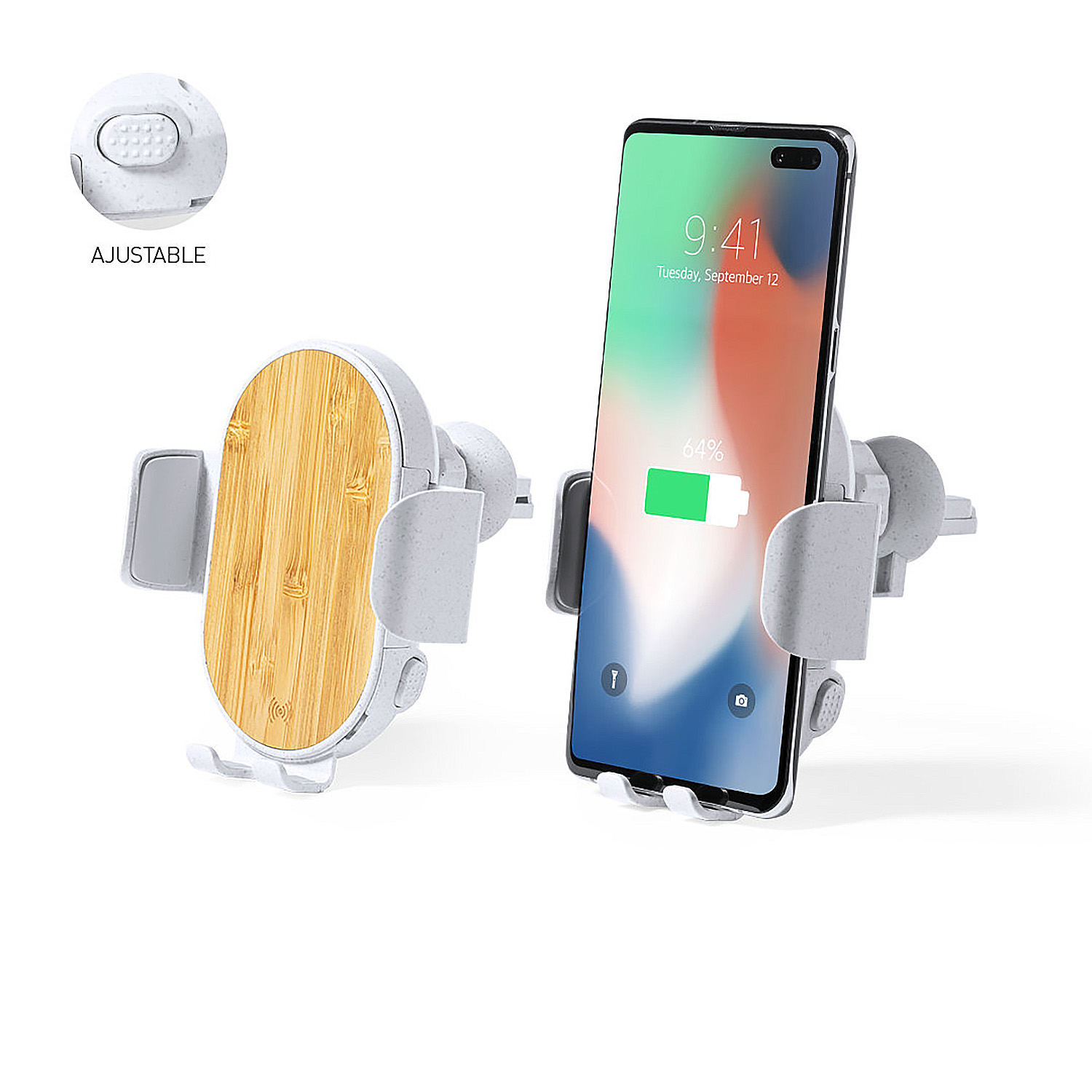 Portatelefono con frontale in bambù e smartphone in carica.