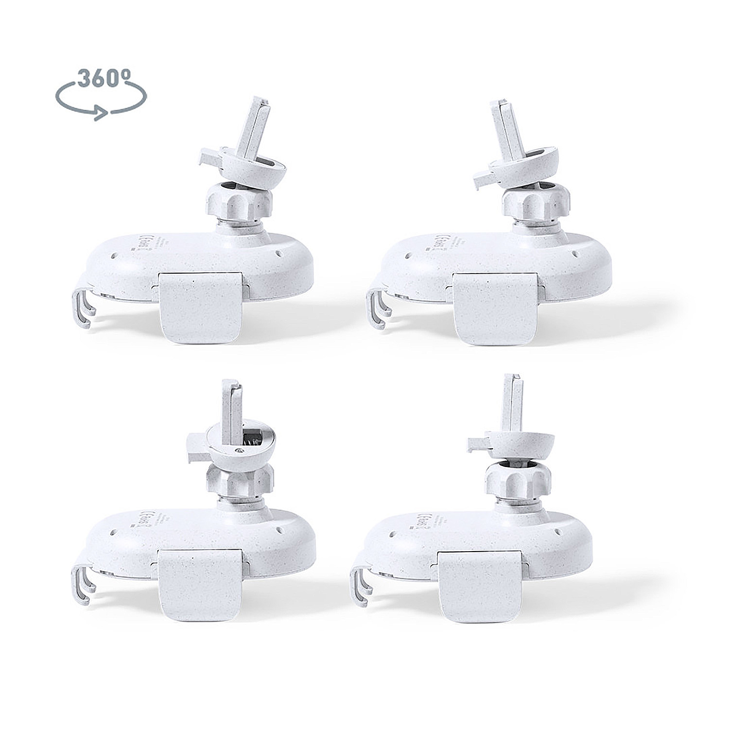 Quattro supporti per telefono bianchi con rotazione a 360 gradi su sfondo bianco.