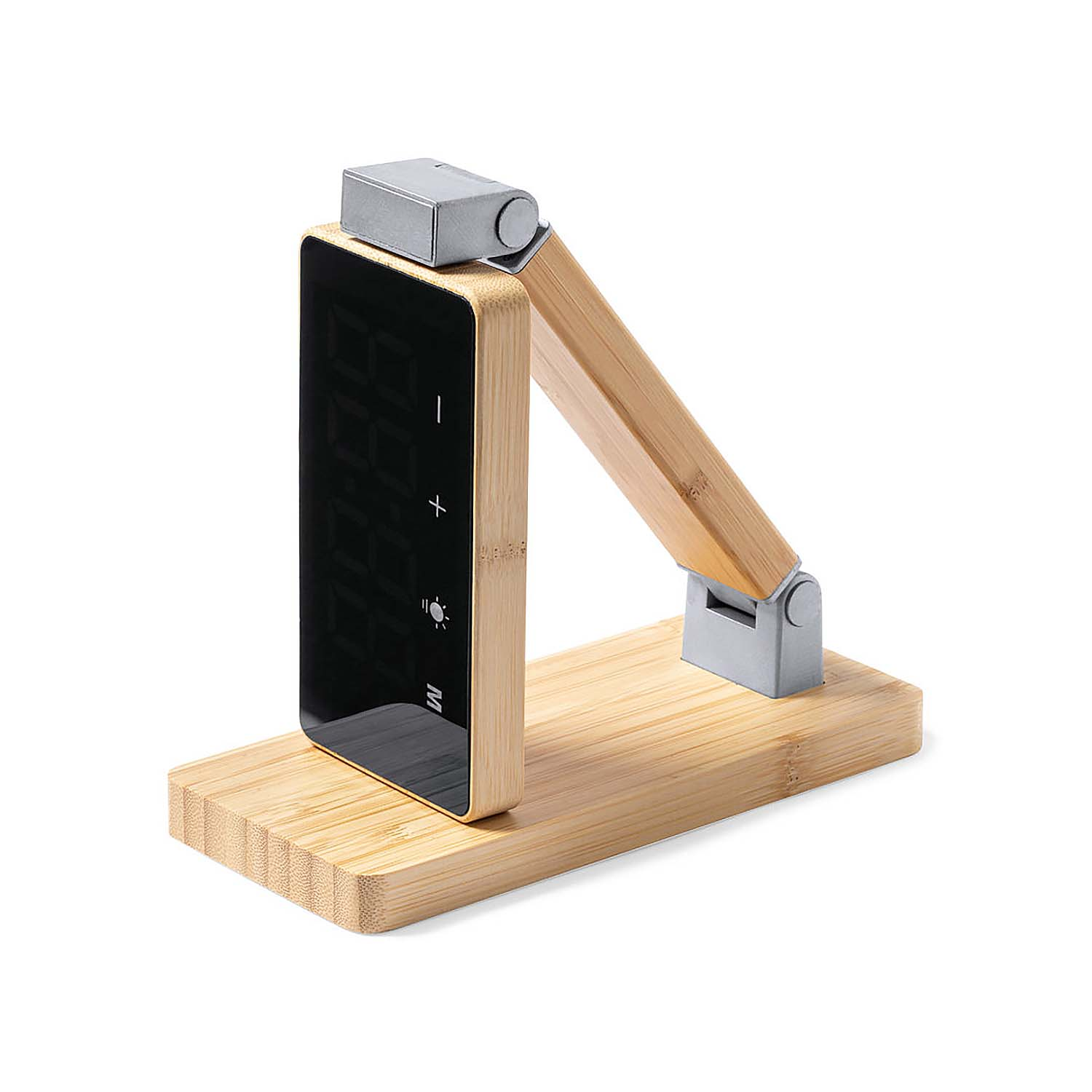 Una sveglia digitale con base in legno e braccio regolabile. Il display è nero.
