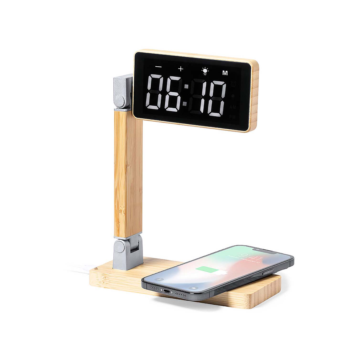 Una sveglia digitale su base in legno, con uno smartphone in carica wireless.