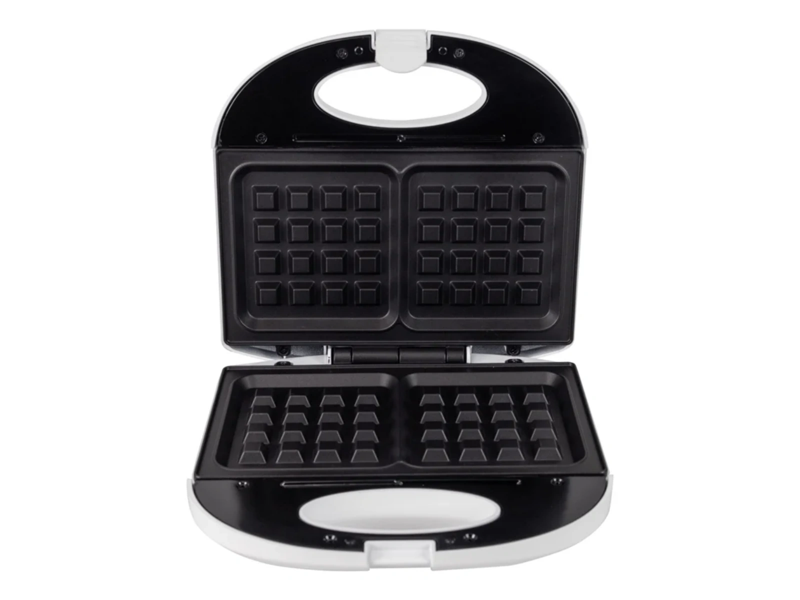 Ein offener, weißer und schwarzer Waffelautomat mit quadratischen Vertiefungen.