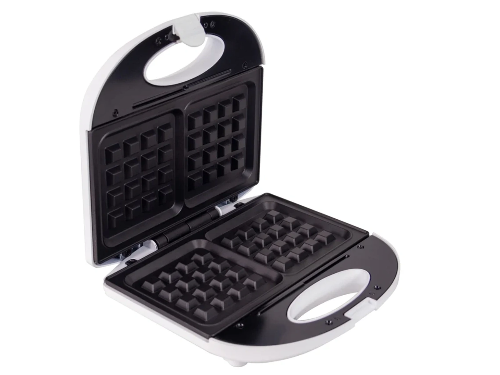 Ein offener weißer und schwarzer Waffelautomat mit quadratischen Vertiefungen.