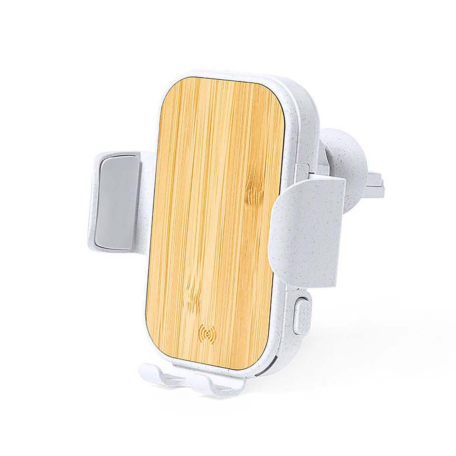 Supporto per telefono bianco con frontale in legno e indicatore di carica.