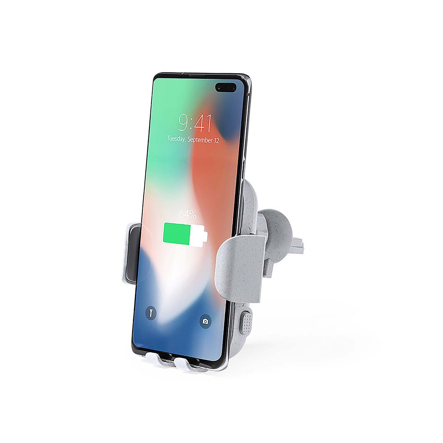 Supporto grigio per telefono con smartphone che mostra lo stato di carica, su sfondo bianco.