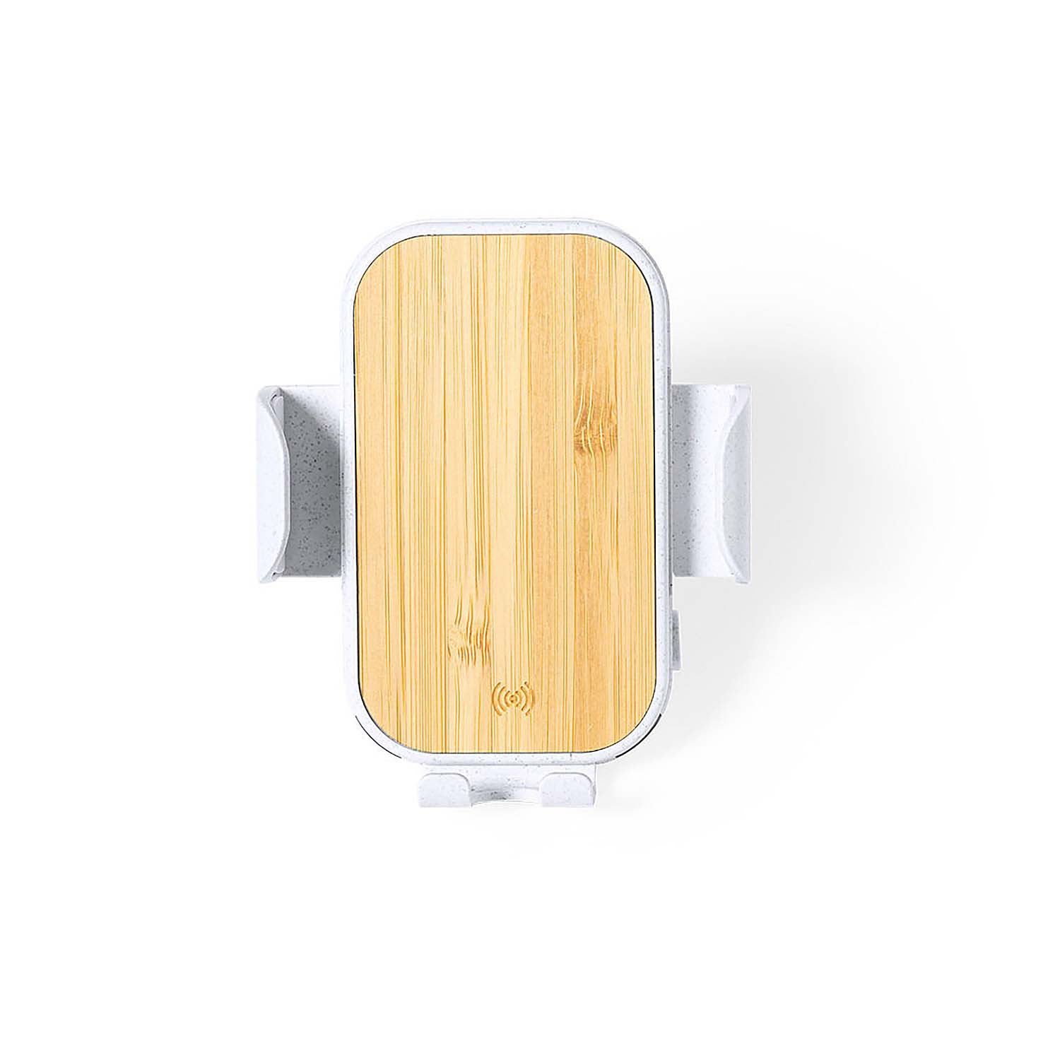 Supporto bianco per telefono con fronte in legno e simbolo di ricarica.