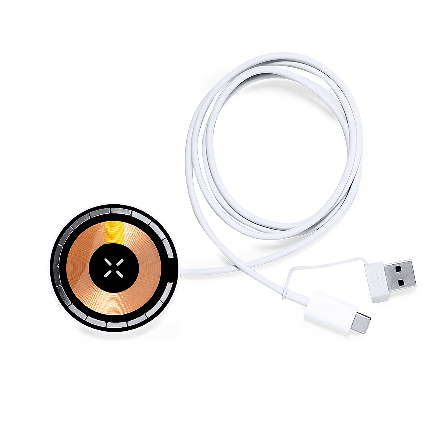 Un cable USB-C blanco con conector USB-A y una base de carga redonda.