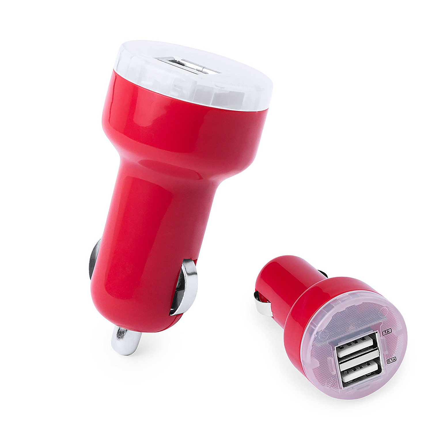 Due caricatori auto USB rossi con cime bianche e parti metalliche argentate.
