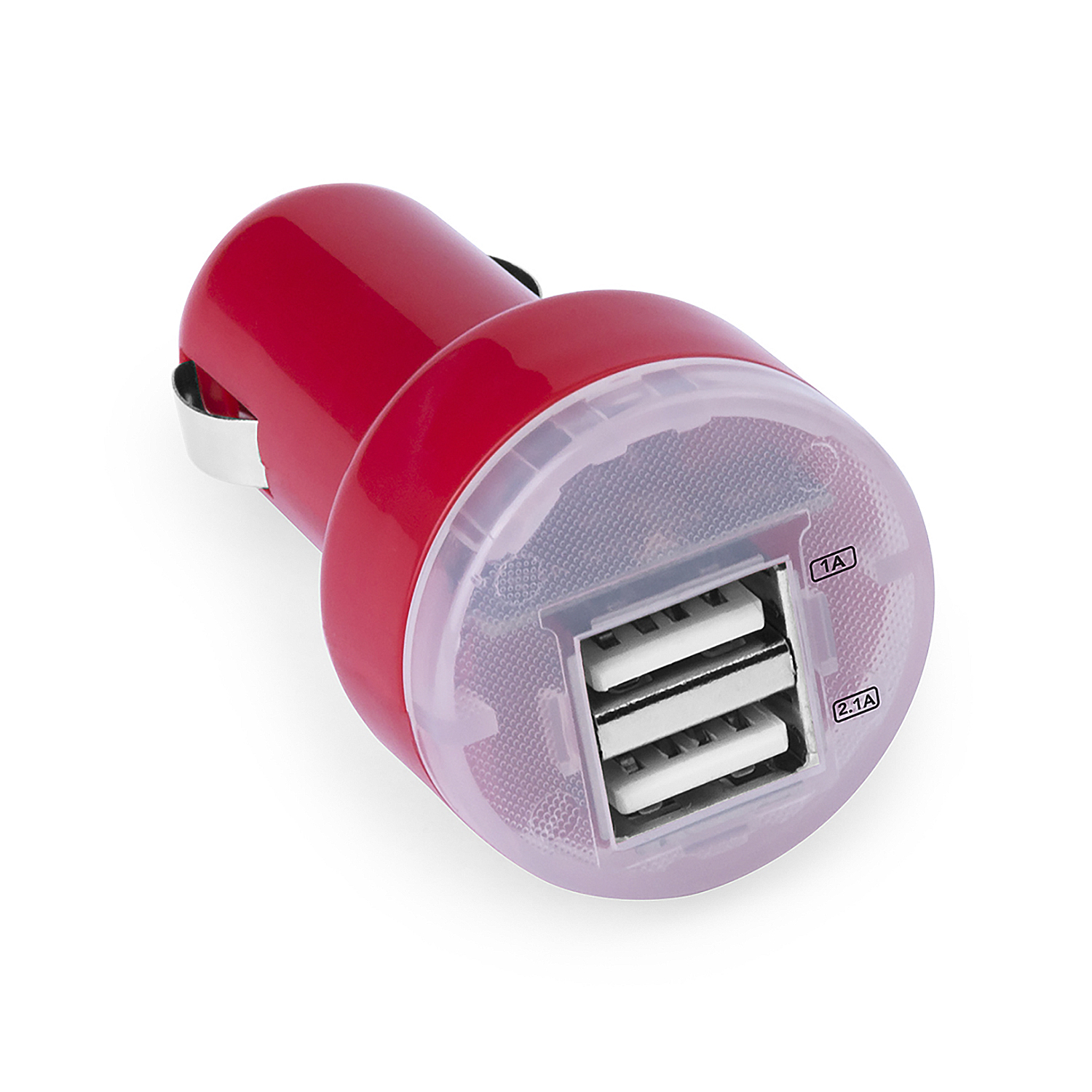Un adattatore USB per auto rosso con due porte USB.