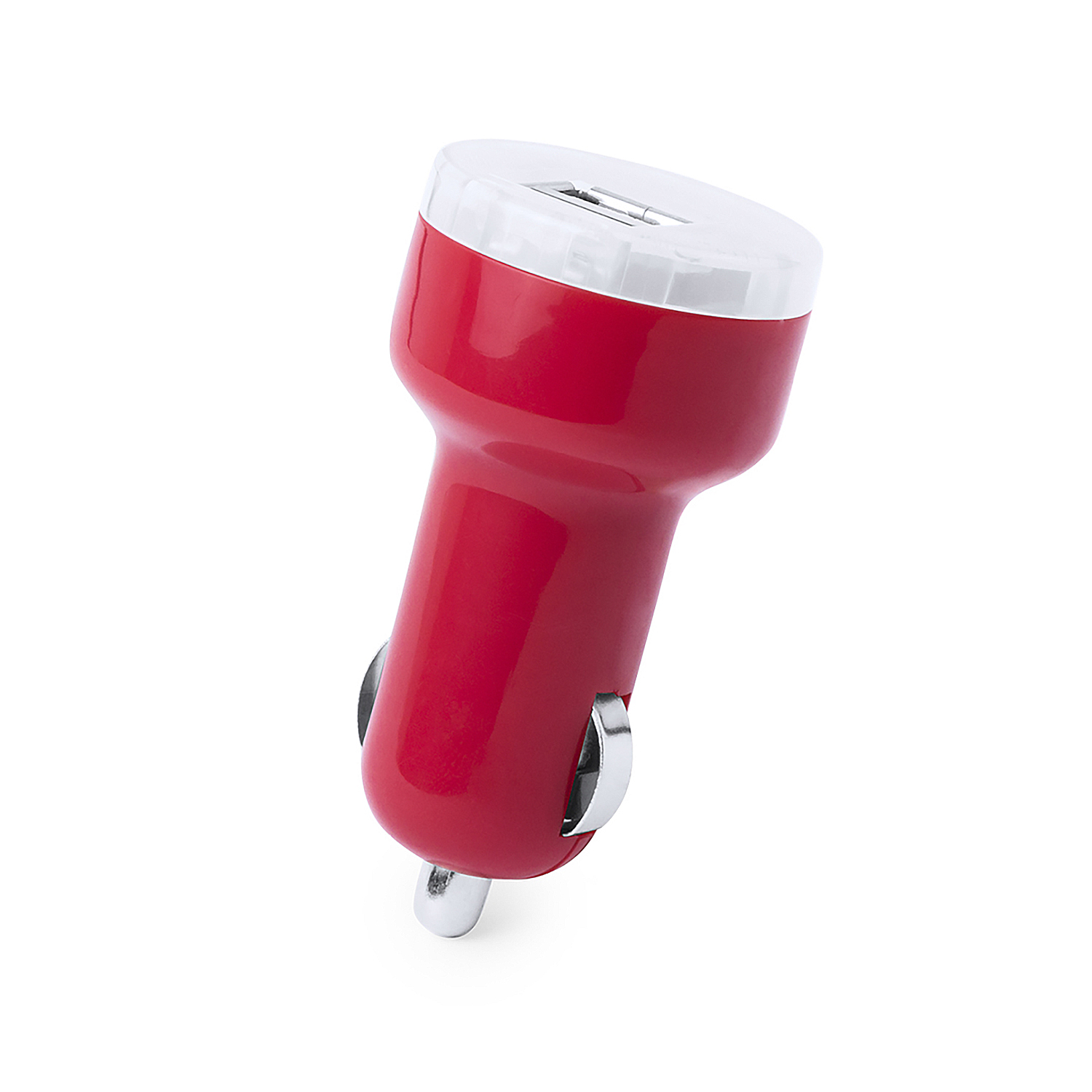 Un adattatore accendisigari per auto rosso con cappuccio bianco.