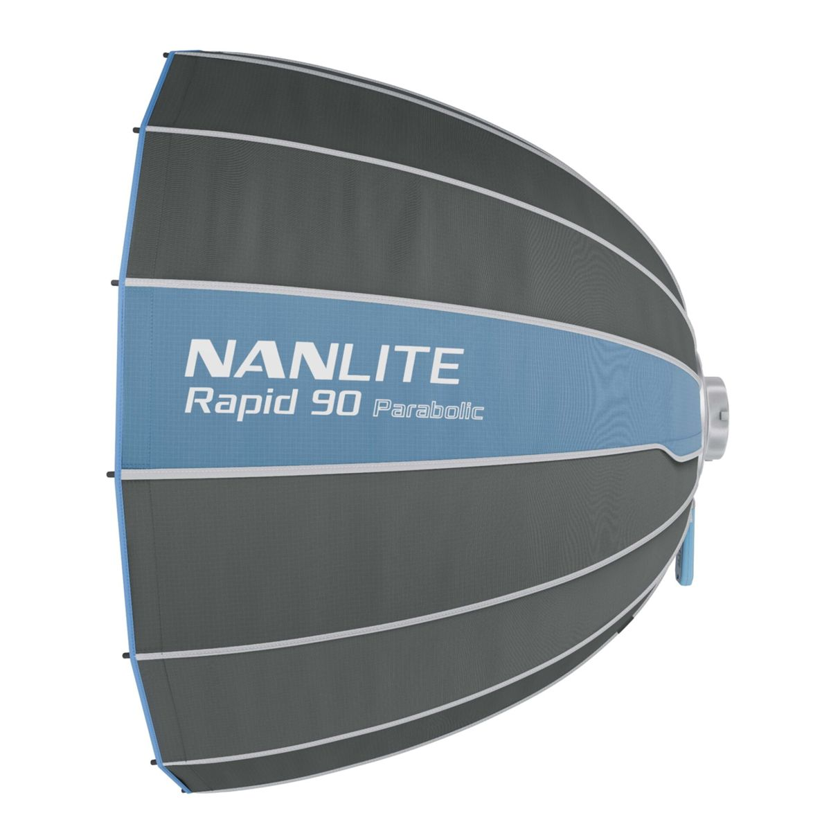 Un softbox parabolique Nanlite Rapid 90 gris avec une bande bleue et des lettres blanches.