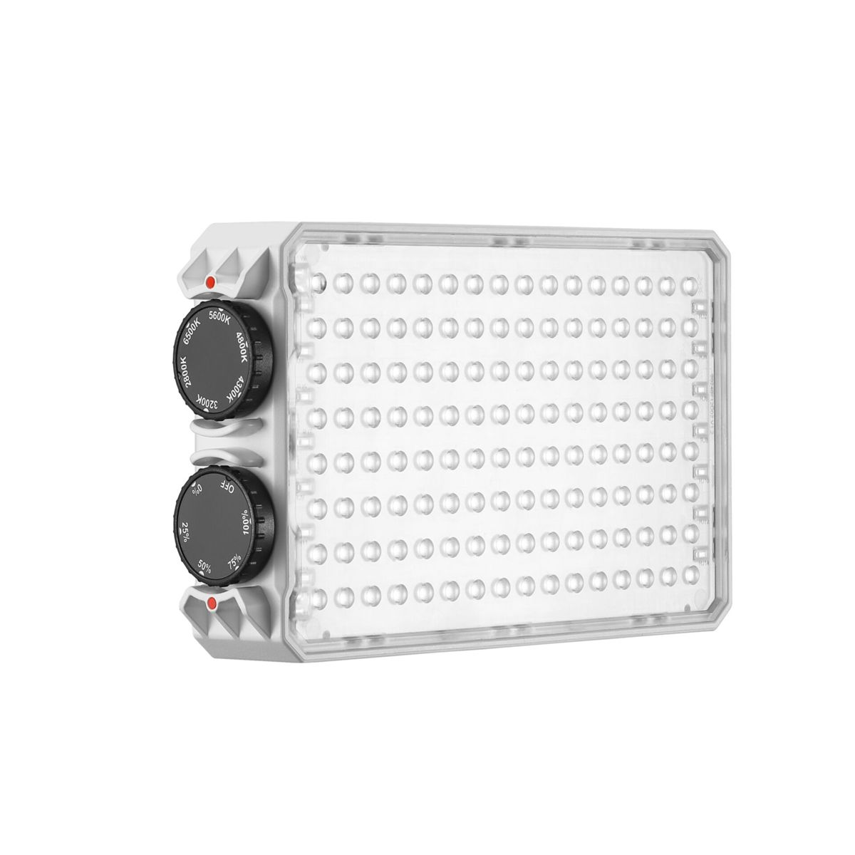 Ein weißes LED-Lichtpanel mit zwei Einstellknöpfen. Ein Knopf steuert die Farbtemperatur (2800K-6500K), der andere die Helligkeit.
