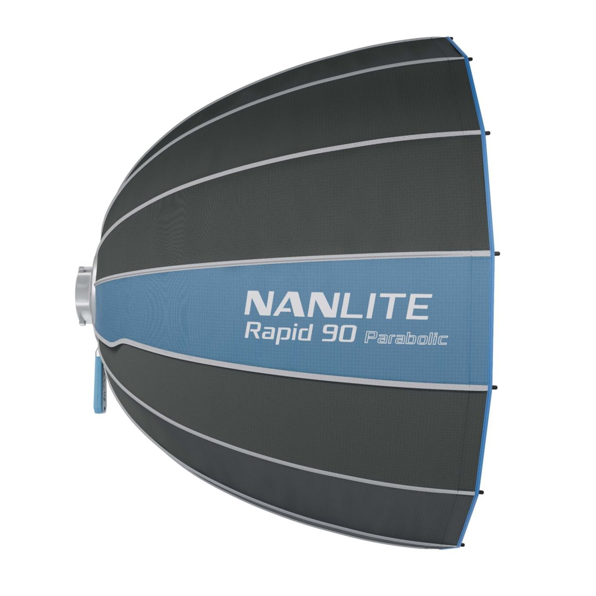 Un réflecteur parabolique NANLITE Rapid 90 gris et bleu.