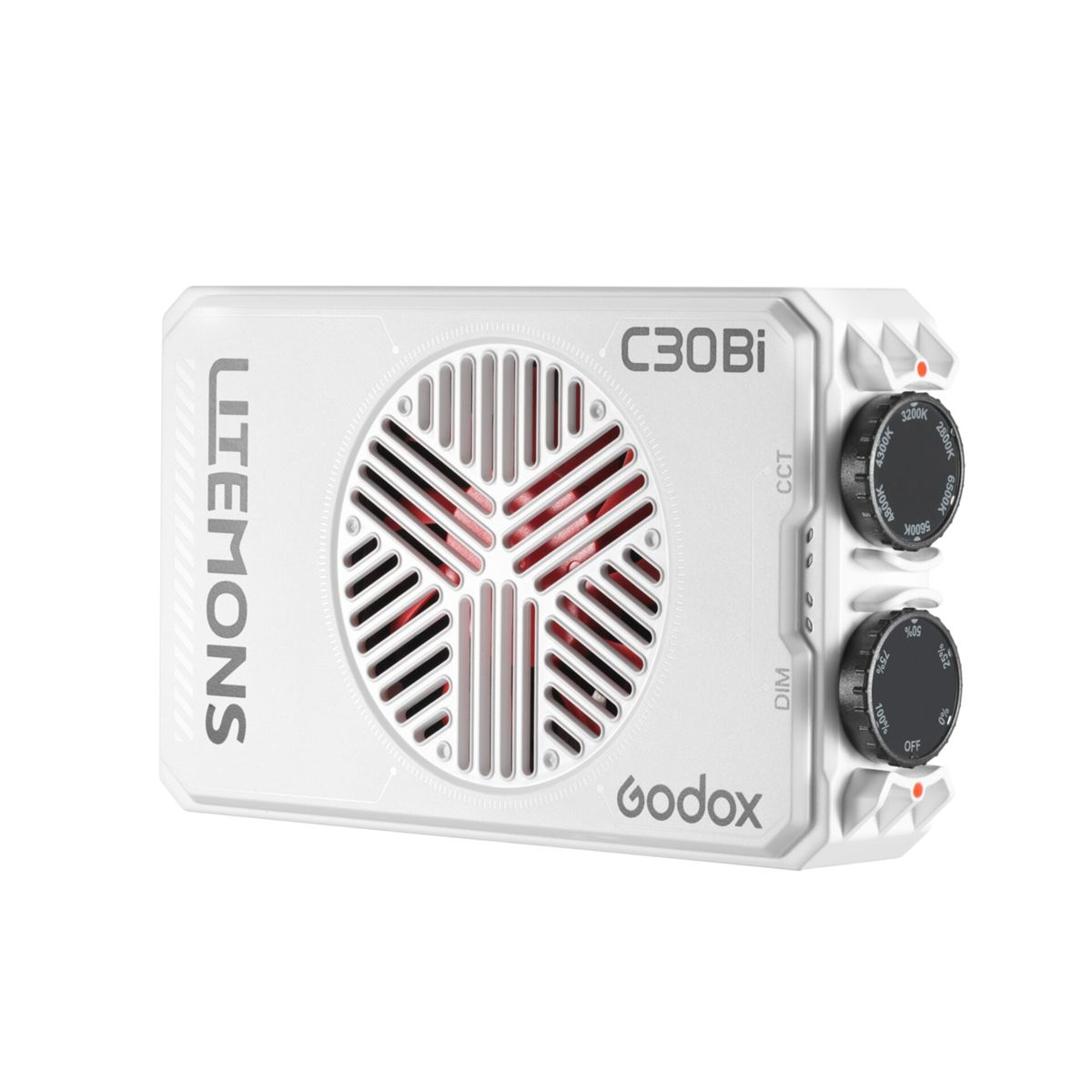 Weiße Godox C30Bi Leuchte mit Lüfter und Einstellknöpfen für CCT und Dim.