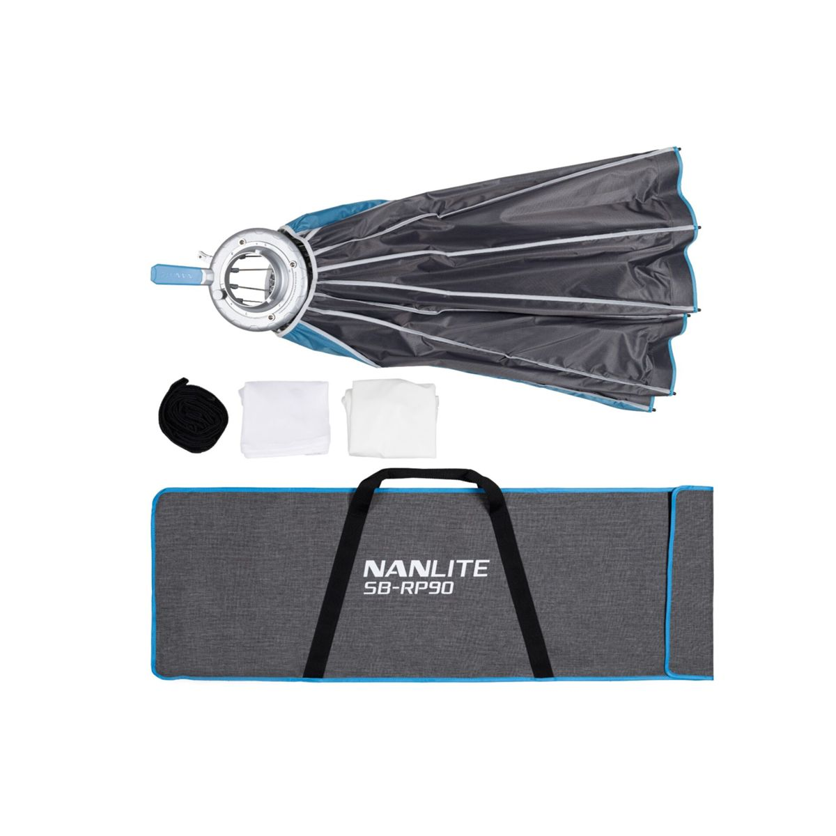 Un parapluie softbox déployé avec accessoires et sac de transport.