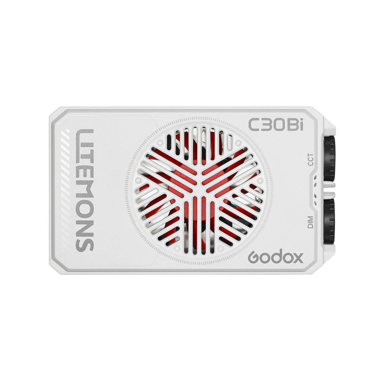 Weißes Godox C30Bi Licht mit Lüfter und Bedienelementen.