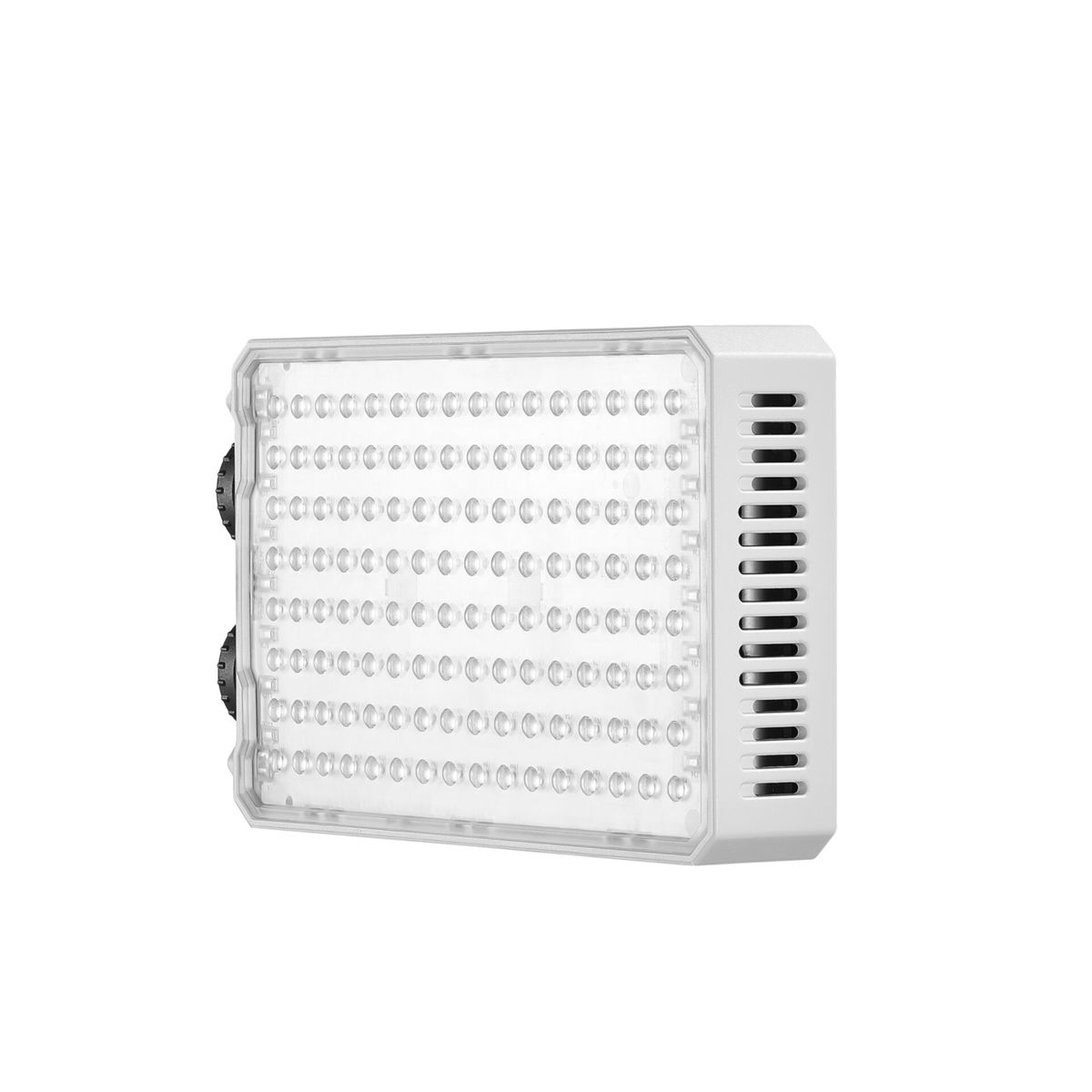 Ein weißes LED-Lichtpanel mit vielen kleinen Lichtern und Lüftungsschlitzen.