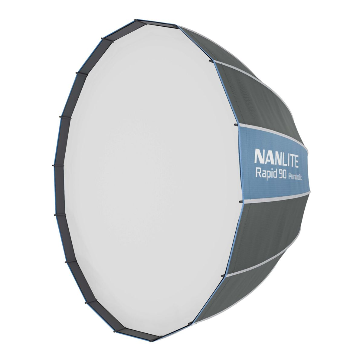 Un diffuseur de softbox parabolique blanc avec des accents gris et bleus.