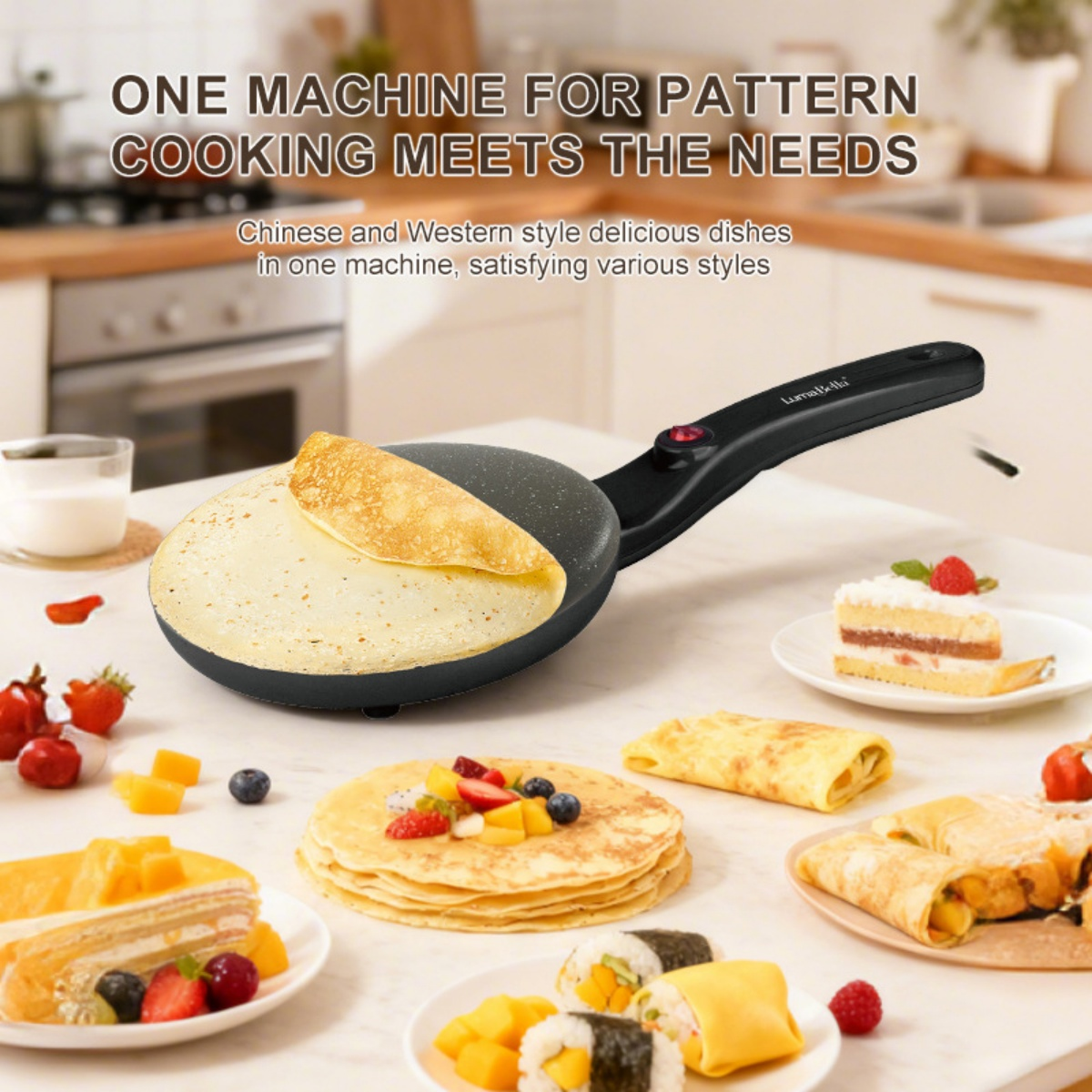 Ein Crêpe-Maker mit Crêpes, Pfannkuchen, Kuchen und Sushi-Rollen. Küchenhintergrund.