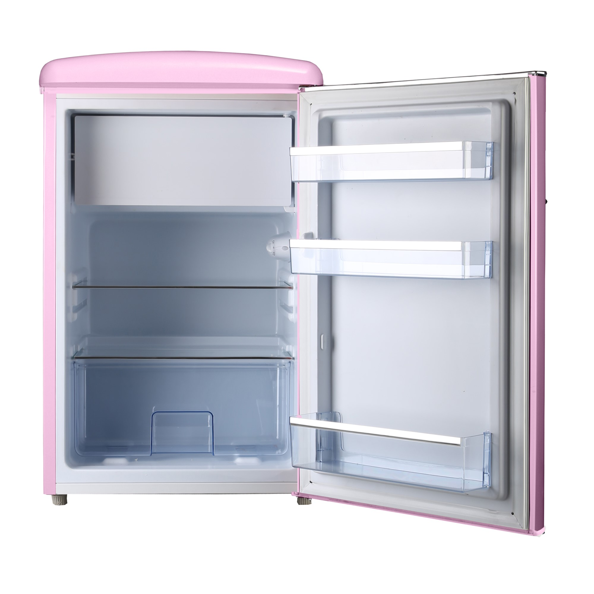 Un frigorifero rosa con porta aperta, vuoto con ripiani e scomparti.