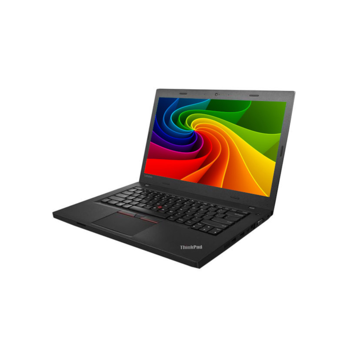 Ein schwarzer Laptop mit einem bunten, wirbelnden Hintergrund auf dem Bildschirm.