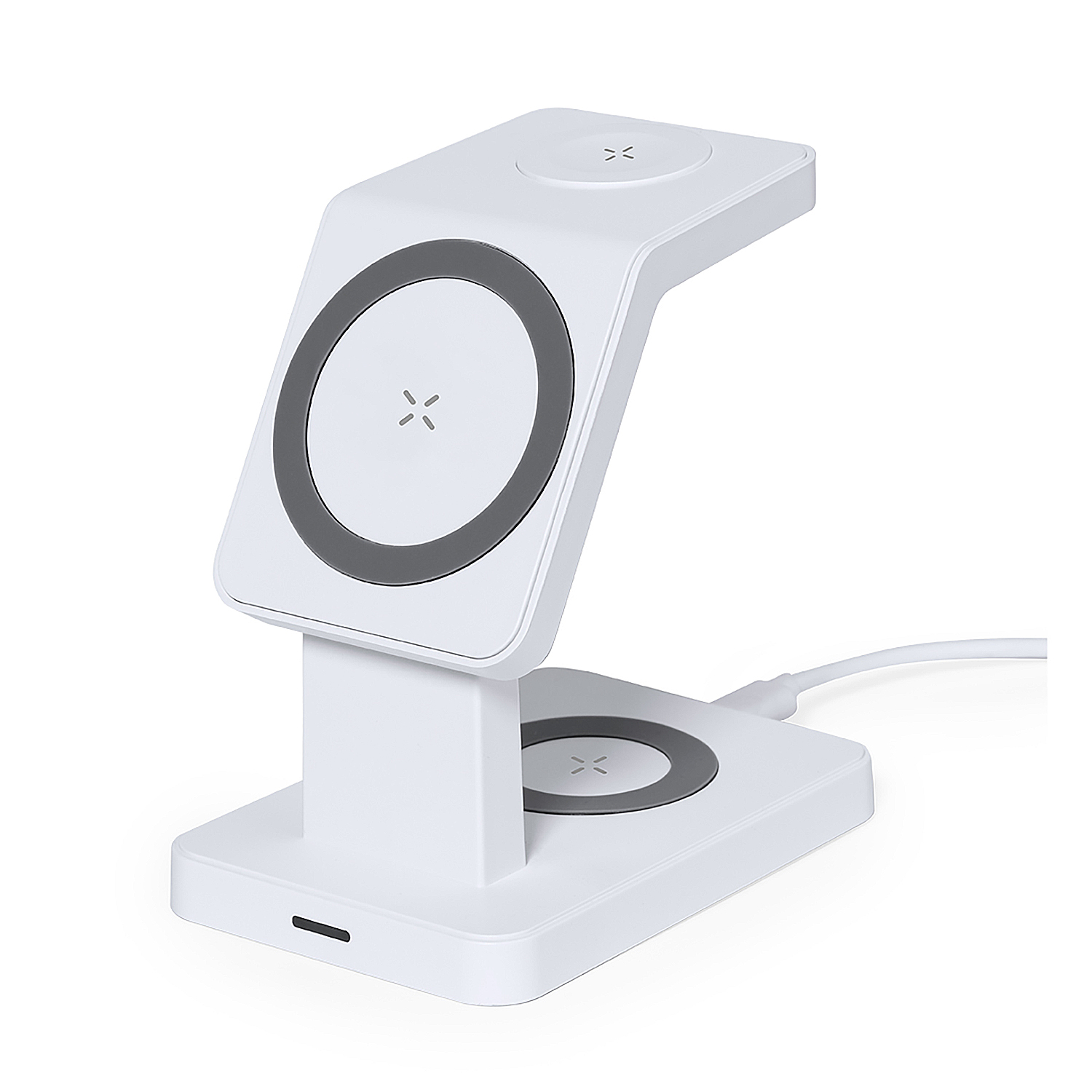 Un caricabatterie wireless triplo bianco con base e supporto rialzato.