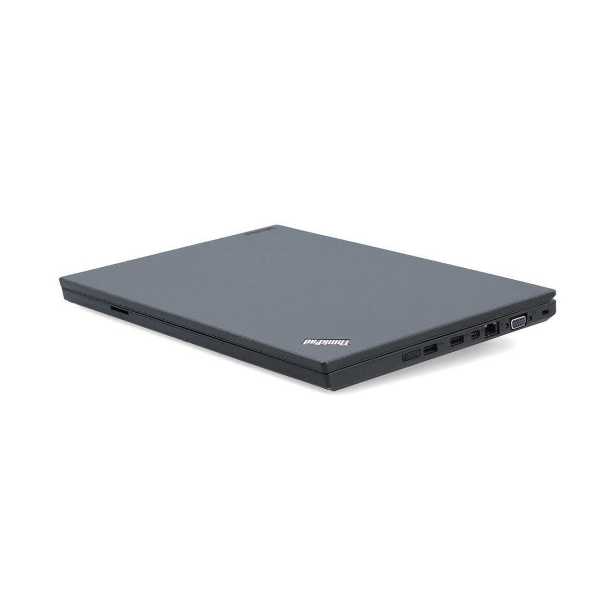 Geschlossener grauer Laptop mit ThinkPad-Logo, weiße Fläche.
