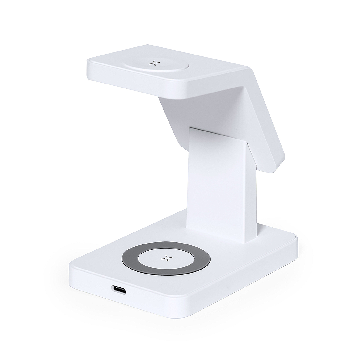 Un supporto di ricarica bianco con due pad di ricarica e una porta USB-C.