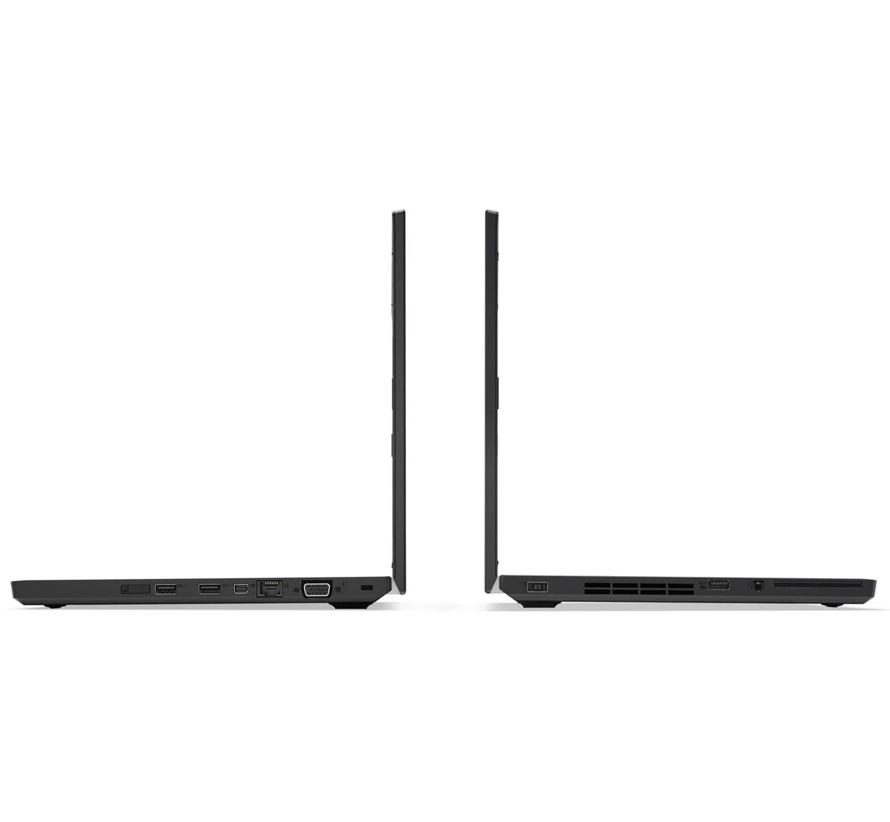 Zwei schwarze Laptops nebeneinander, Seitenansicht mit Anschlüssen.