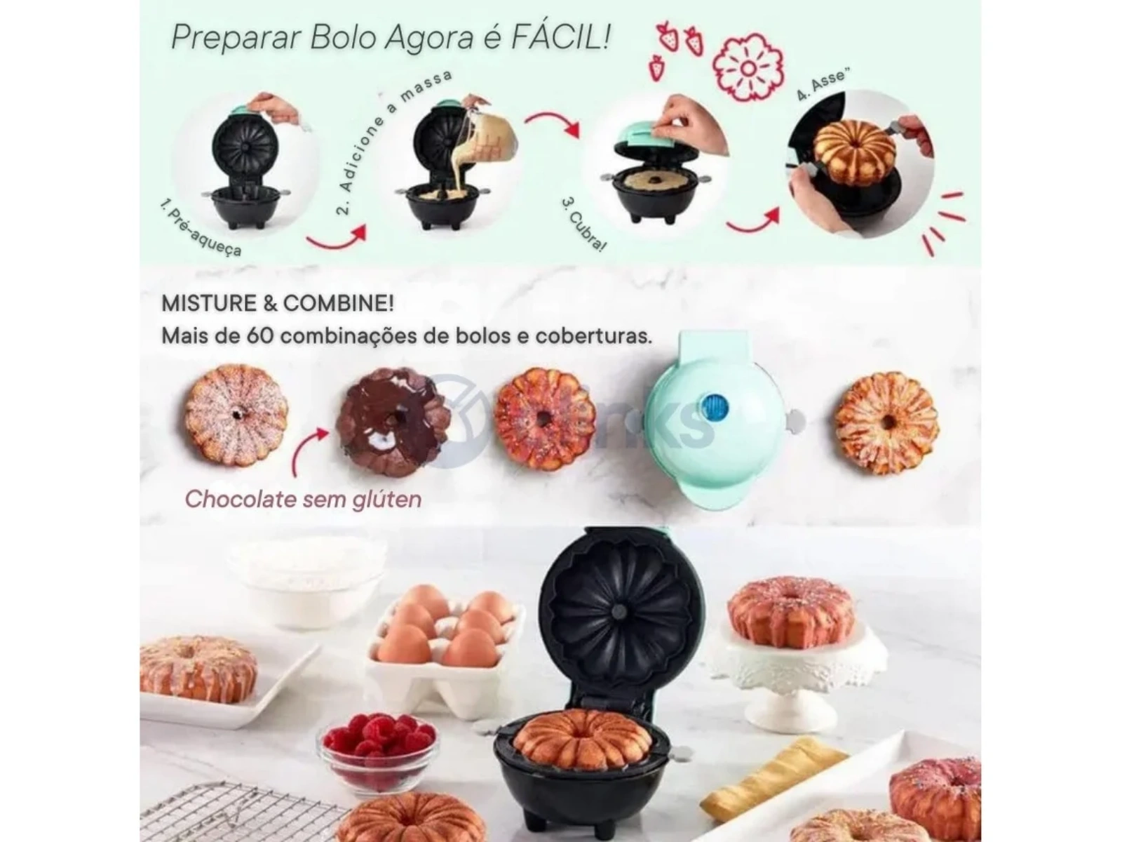 Anleitung für Kuchenmaker: Vorheizen, Teig einfüllen, abdecken, backen. Kuchen in Schalen.