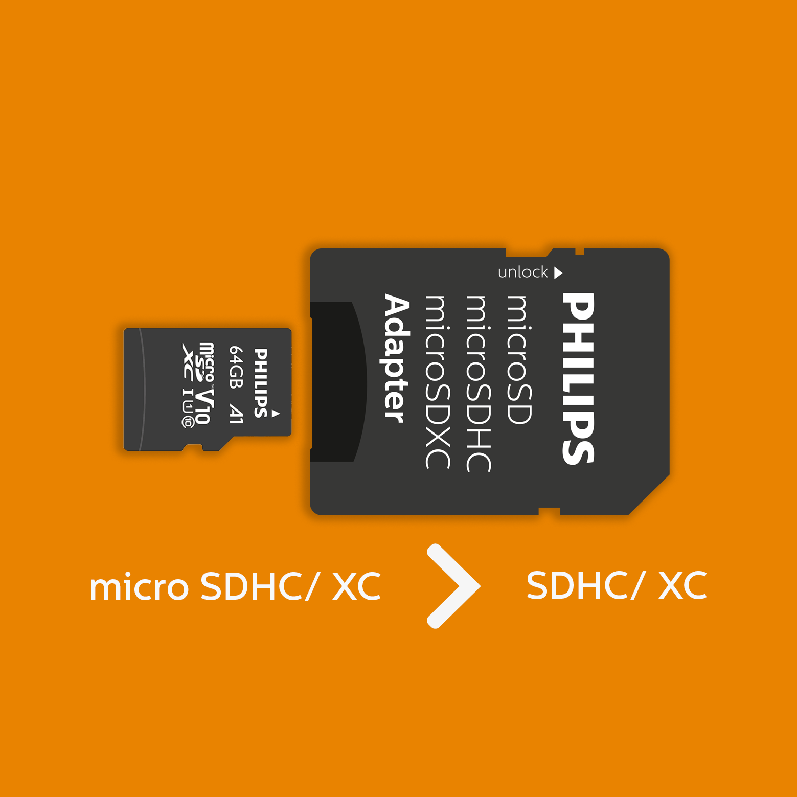 Eine MicroSD-Karte mit Adapter daneben, die von MicroSDHC/XC zu SDHC/XC wechselt.