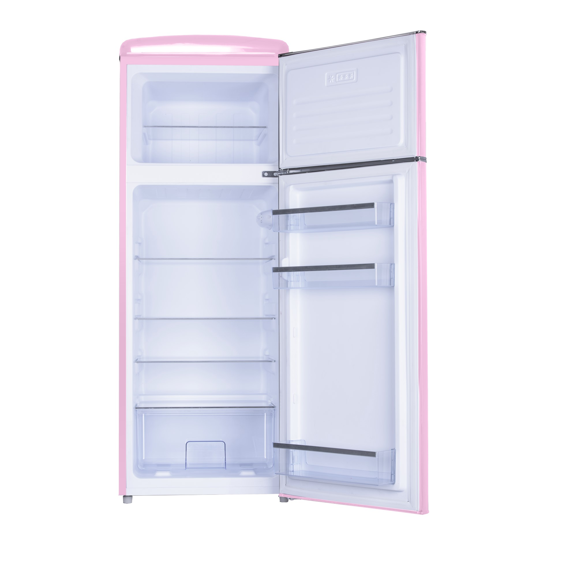 Un frigorifero rosa aperto con ripiani bianchi e scomparti sulla porta.