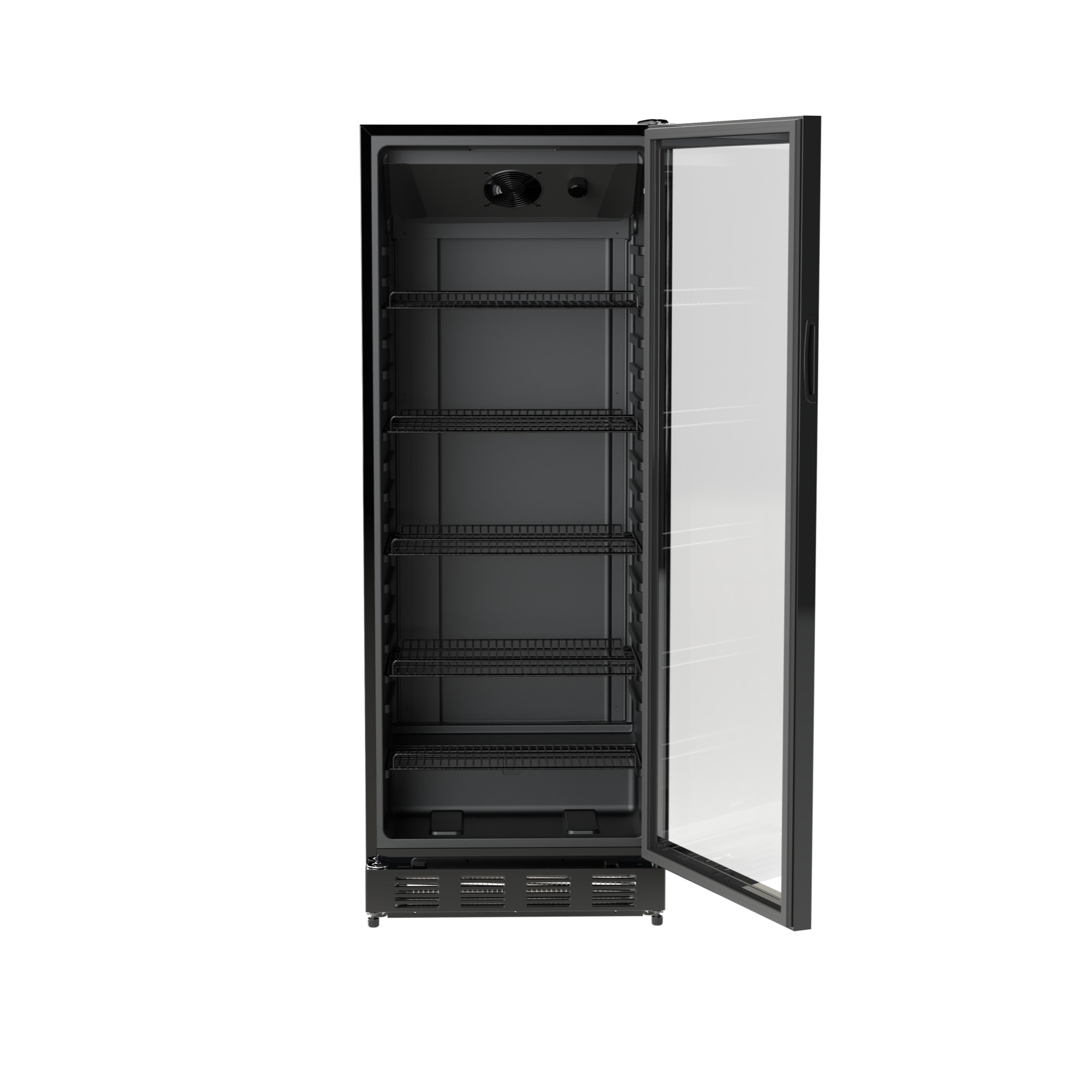 Ein schwarzer Kühlschrank mit Glasfront und geöffneter Tür.