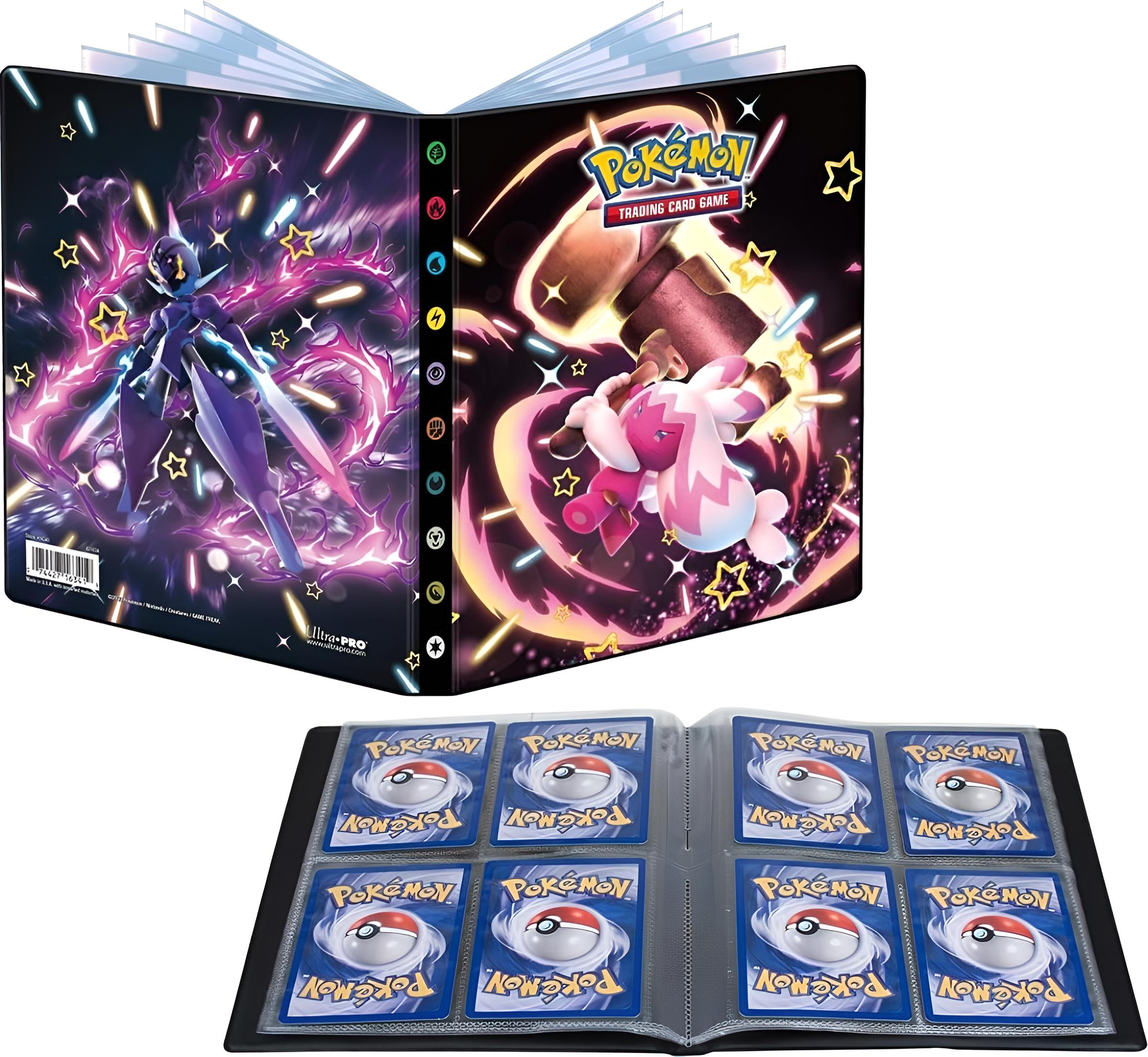 Raccoglitore Pokémon aperto con grafica colorata e pagine di carte.
