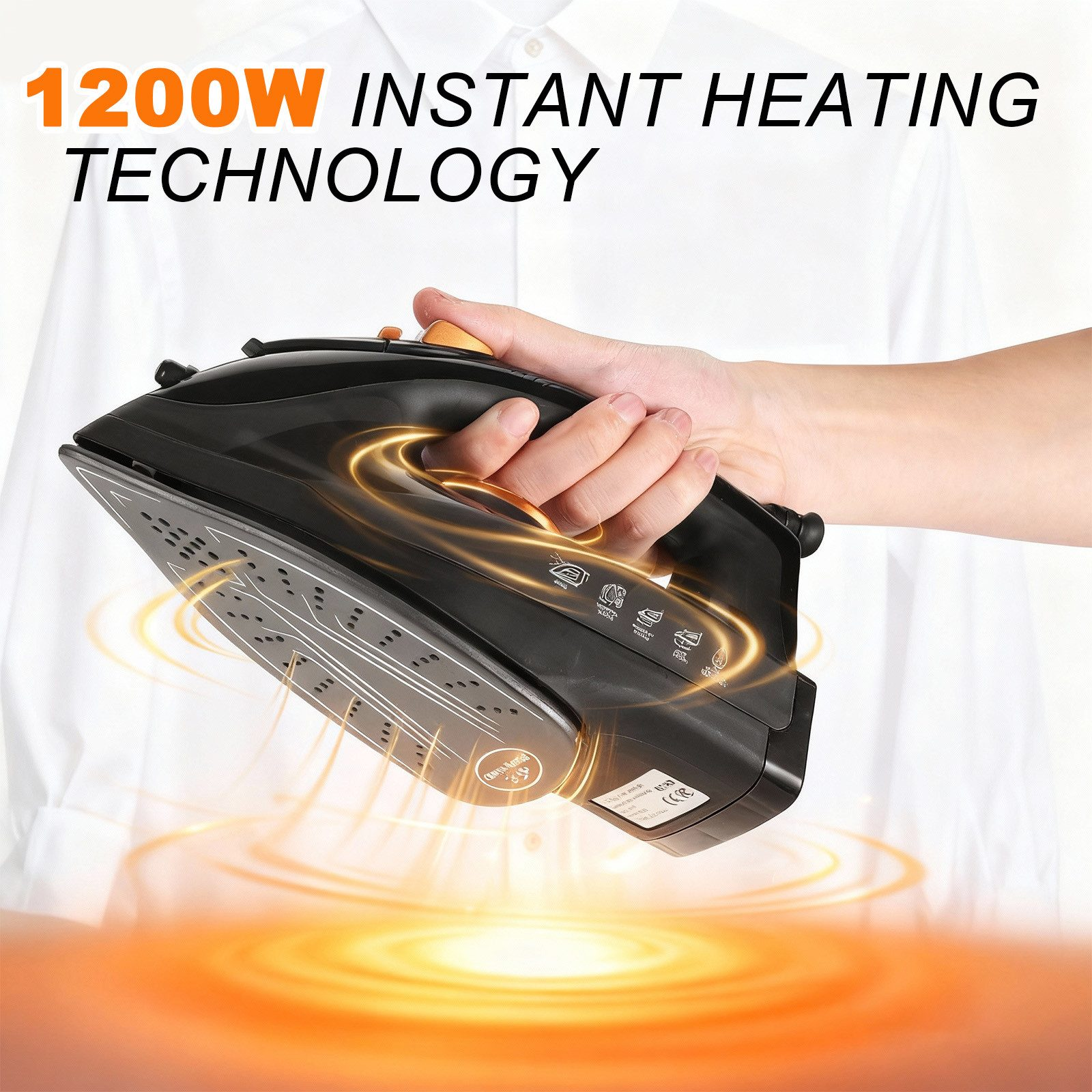 Schwarzes Bügeleisen mit 1200W Instant Heating Technology, gehalten von einer Hand.