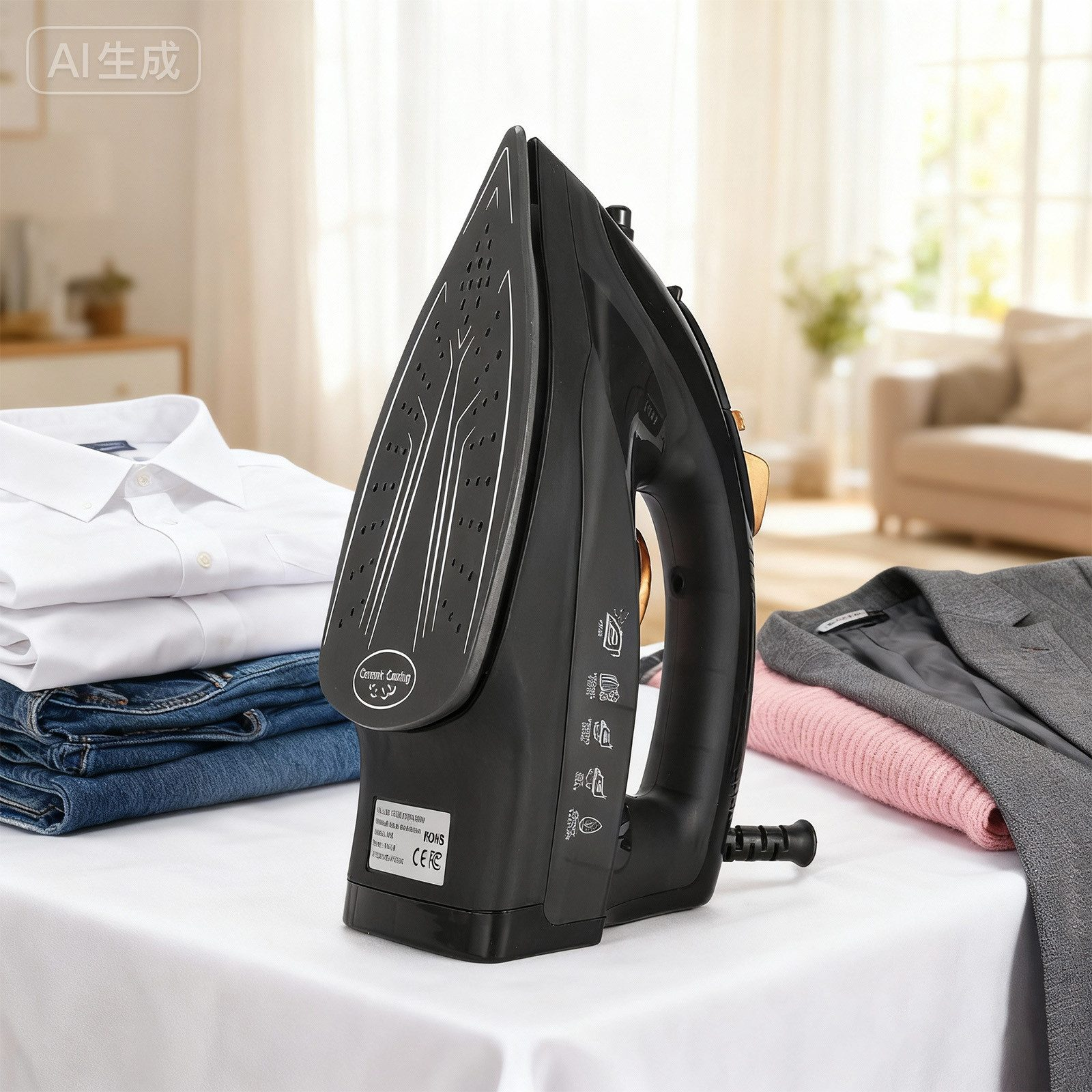 Ein schwarzes Bügeleisen steht neben einem Stapel Kleidung, darunter ein Hemd und Jeans.