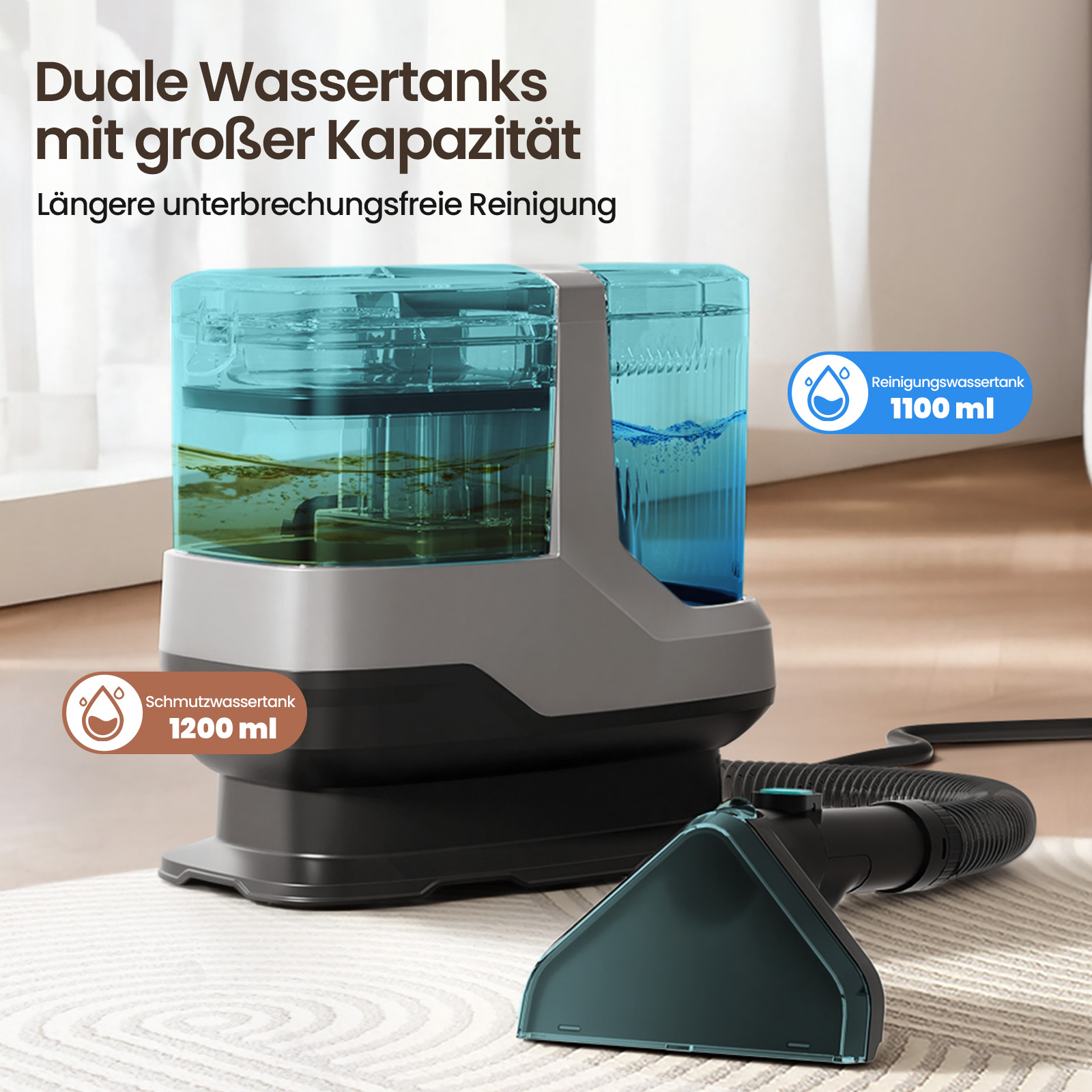 Reinigungsgerät mit zwei Tanks: Schmutz 1200 ml, Reinwasser 1100 ml.